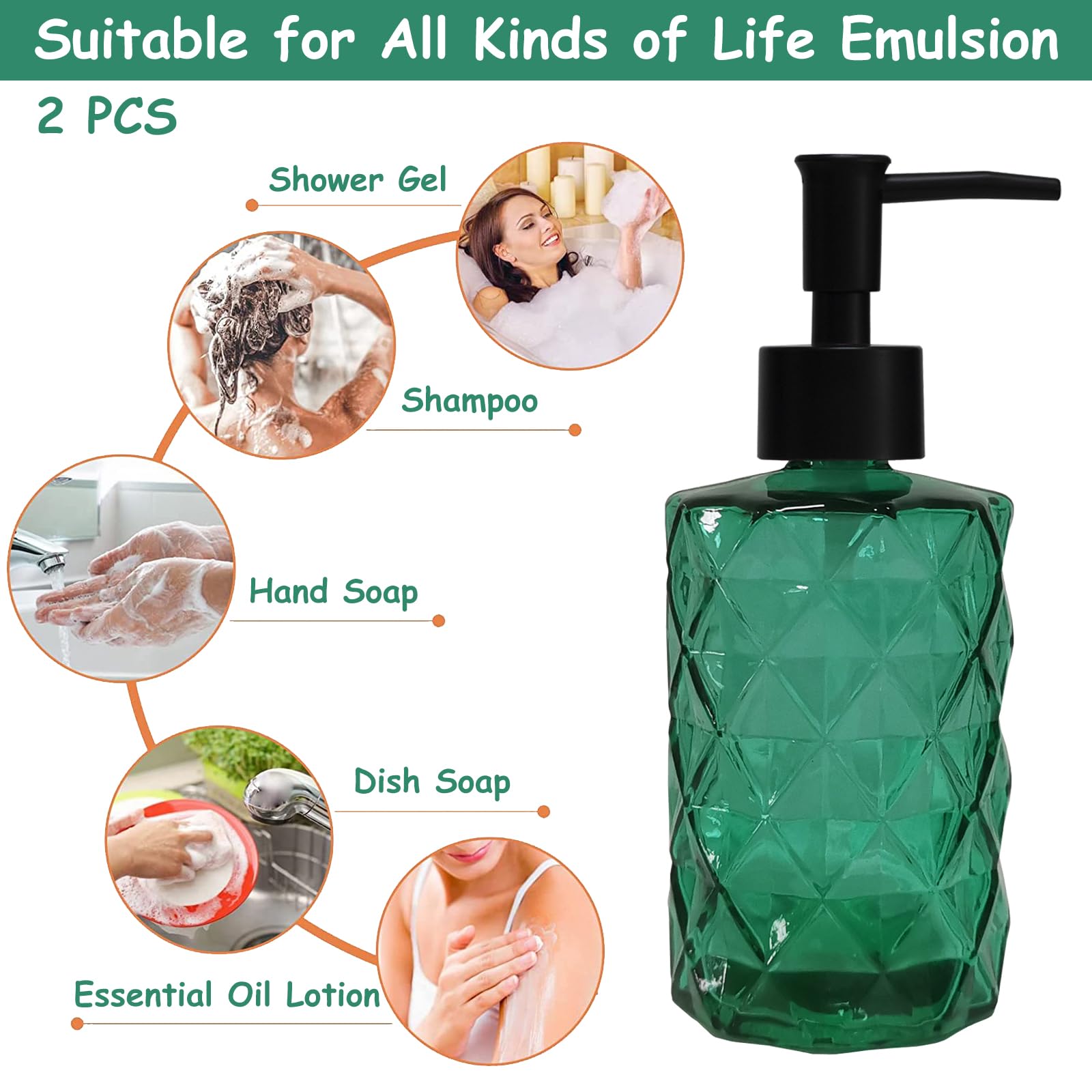 Green Bathroom Soap Dispenser Set With Black Plastic Pump, 12Oz Glass Lotion Dispenser, Crystal Hand Soap Dispenser For Modern H