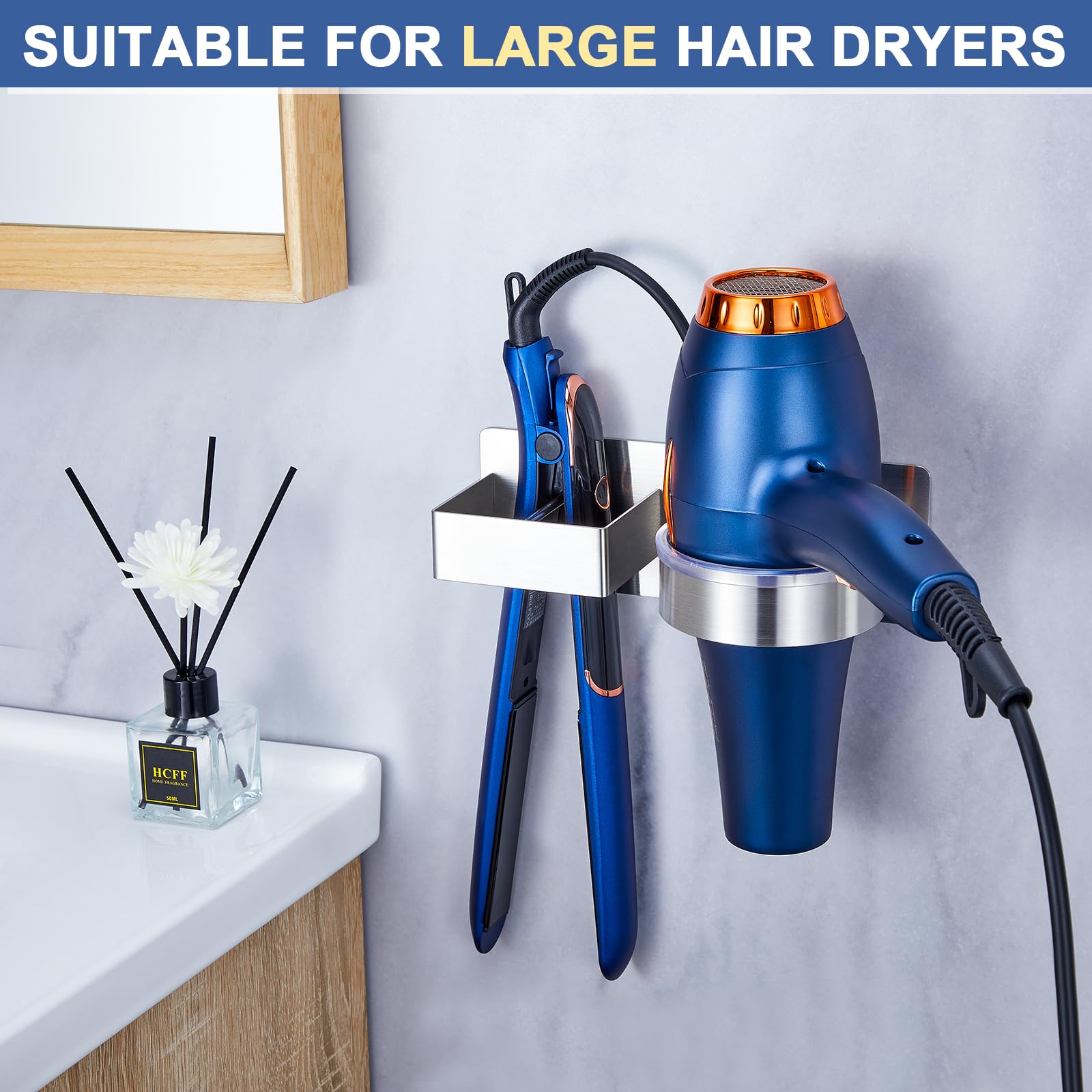 Yayinli Hair Dryer Holder Wall Mounted, Hair Tool Organizer For Bathroom, Adhesive Blow Dryer Holder, Stainless Steel Hair Dryer