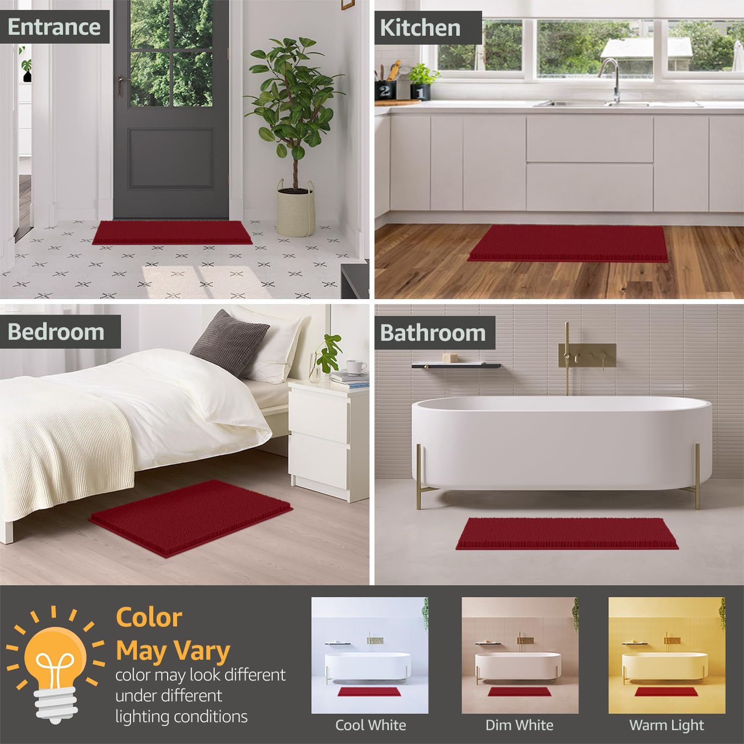 Luxurux Red Bathroom Rugs Extra-Soft Plush Bath Mat Shower Bathroom Rug,1'' Chenille Microfiber Material, Super Absorbent Shaggy