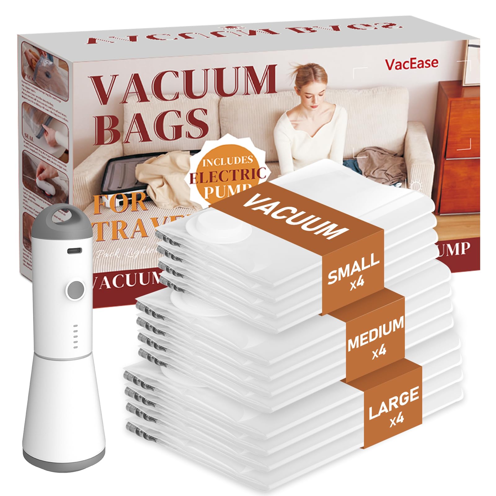 Vacbird Travel Vacuum Storage Bags with Rechargeable Cordless Pump, 12 Pack Vacuum Seal Bags for Clothing(4 Large+4 Medium+4 Sma