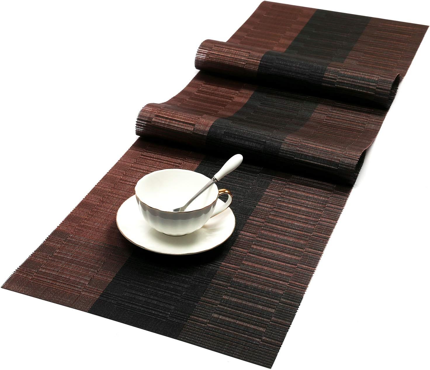 SHACOS Table Runners Woven Vinyl PVC Table Runner 12 x 36 inch Wipe Clean Bamboo Weave Countertop Table Decor Mats Indoor Outdoo