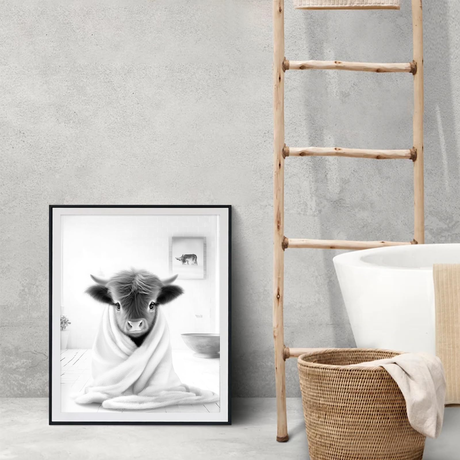 TWNSLLA Highland Cow Bathroom Wall Art Set of 4, Retro Canvas Decor, Black and White Humor Prints, Unframed