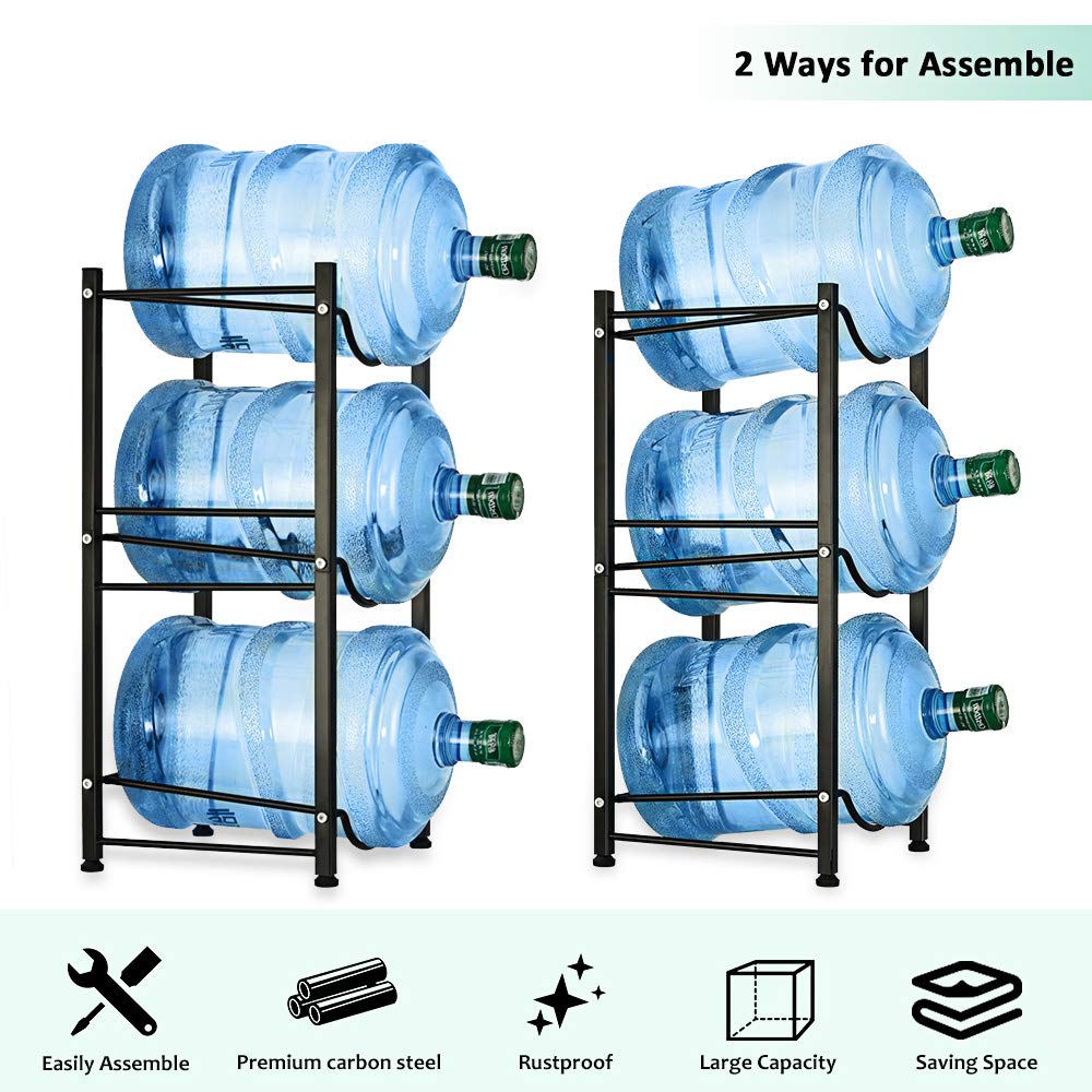 Water Cooler Jug Rack 5 Gallon Water Bottle Holder Storage Shelf 3 Tier Heavy Duty Stackable Water Cabinet Dispenser Organizer for Home Office  Black