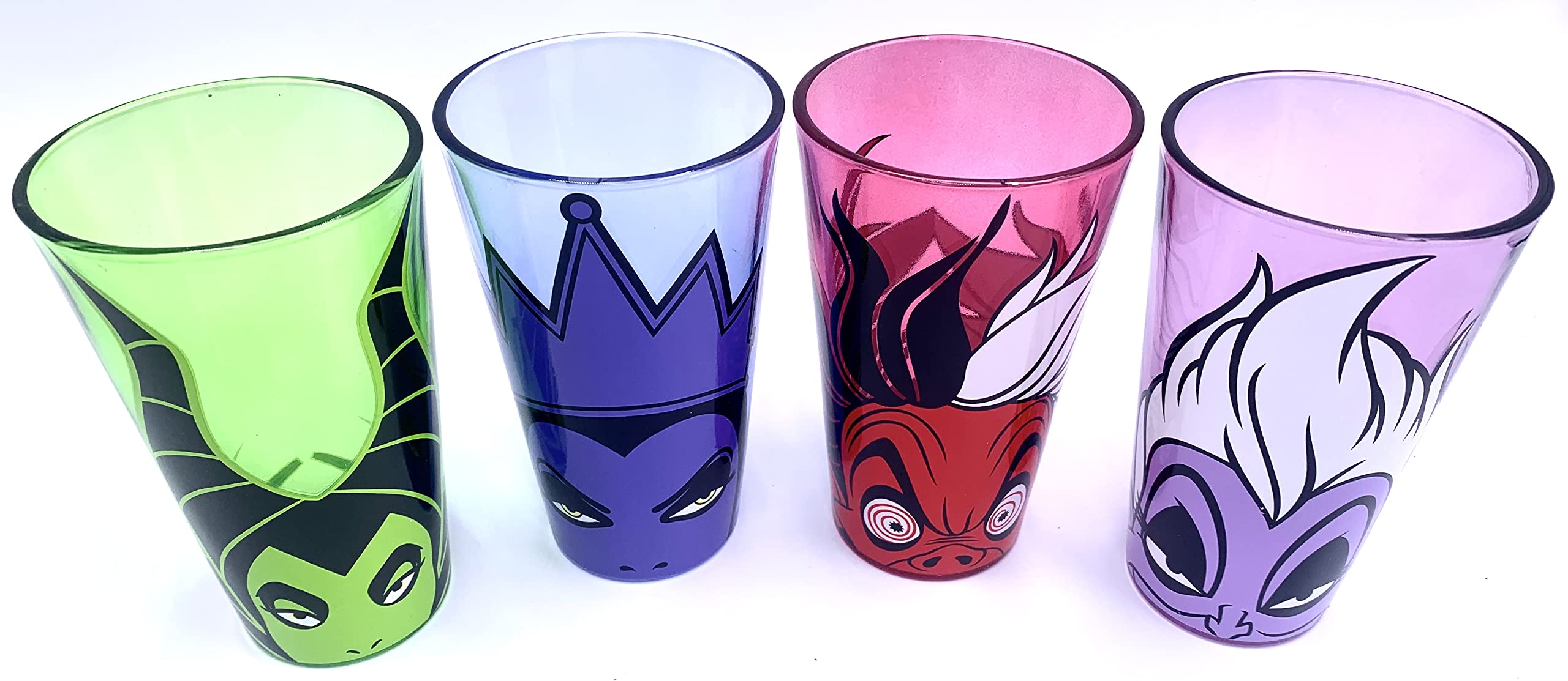 Disney Villains Colored Glassware Set, Set Of Four 16 Oz Glasses - Maleficent, The Evil Queen, Cruella De Vil, & Ursula. Kitchen