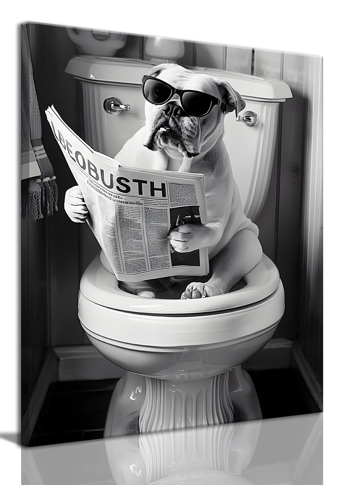 OIQArtOIQ Framed Bathroom Decor Wall Art Funny Dog Sitting On Toilet Canvas Painting Prints Black and White Humor Animal Picture