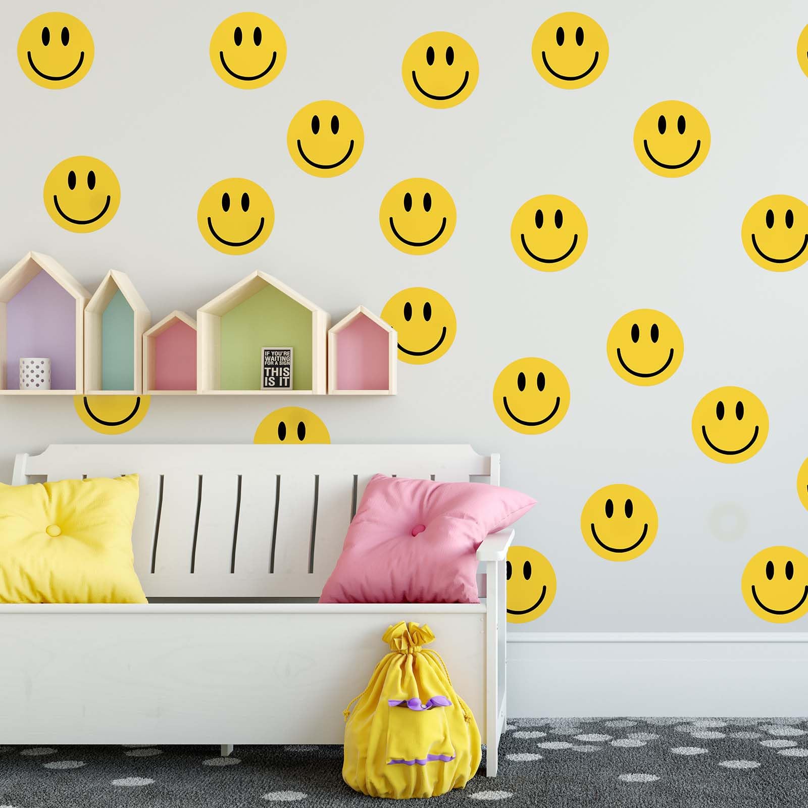 Jarthenaamcs 9 Sheets Preppy Smile Wall Stickers Yellow Happy Face Pvc Decorative Wall Decals Mural Vinyl Self-Adhesive Wall Dec