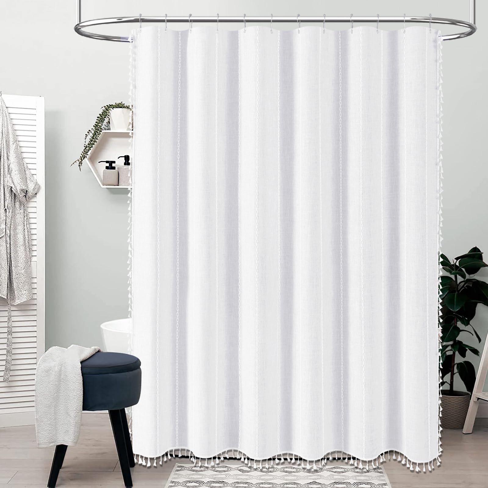 Bttn White Farmhouse Shower Curtain, Boho Linen Striped Heavy Duty Fabric Shower Curtain Set With Tassel, Bohemian Country Ultra