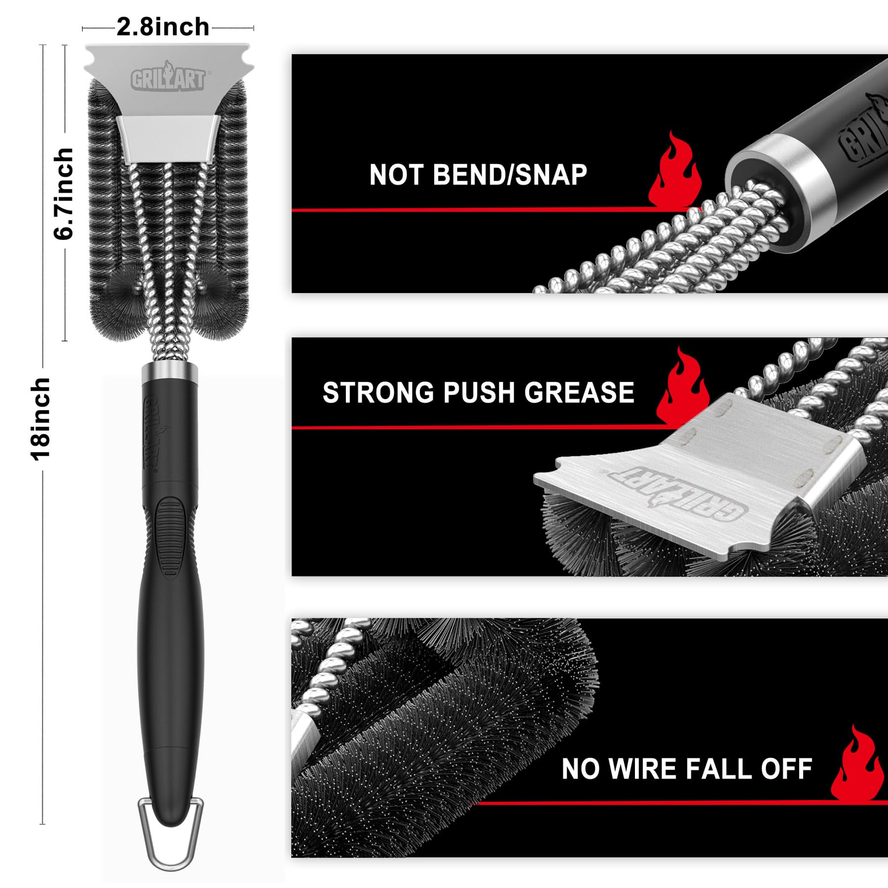 GRILLART Grill Brush and Scraper, Stainless Steel BBQ Cleaner, Dark Night Black, Model BR-8115 for Gas/Charcoal Grilling Grates