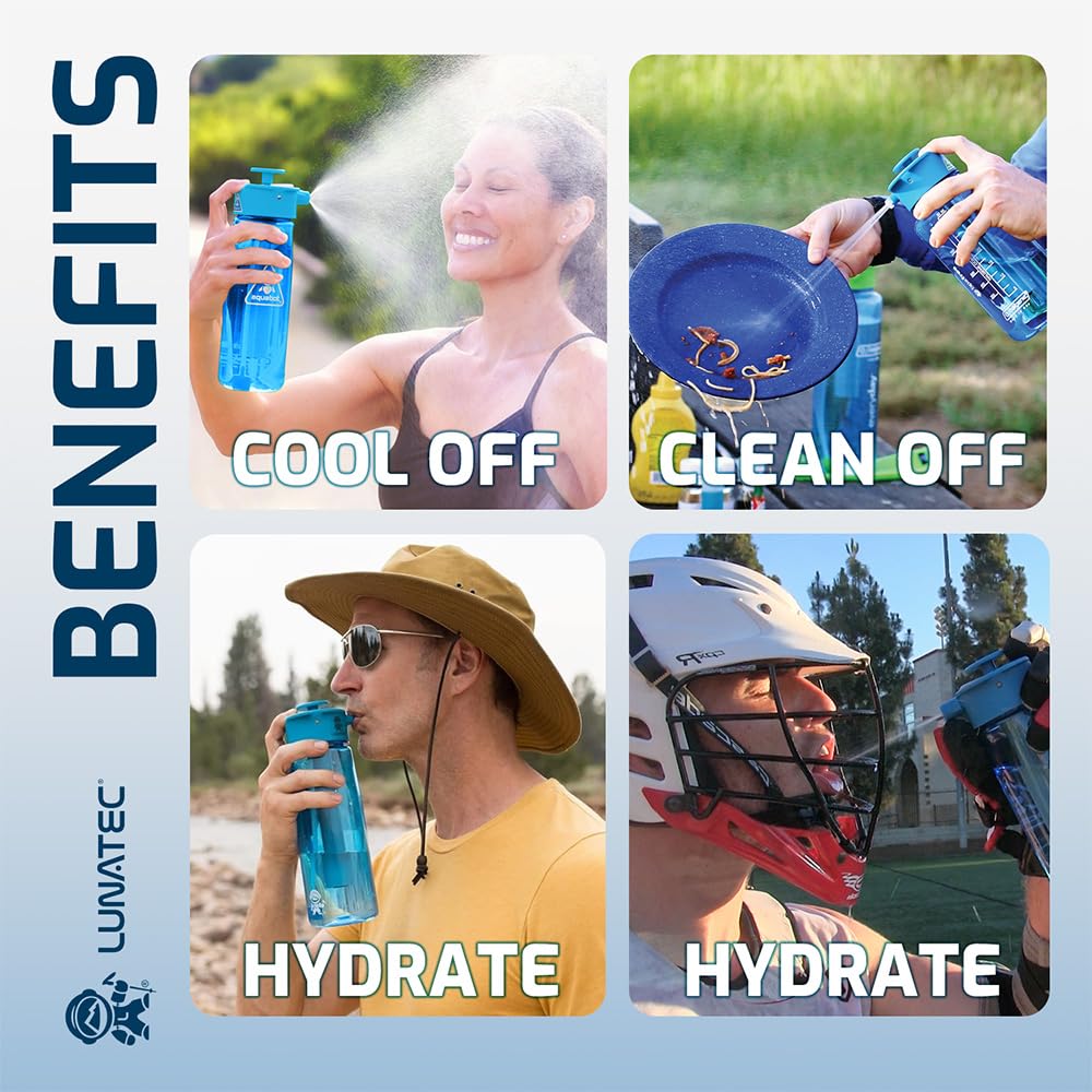 Lunatec Hydration Spray Water Bottle is a pressurized personal mister  camp shower and sport water bottle in one easy-to-use BPA free bottle.