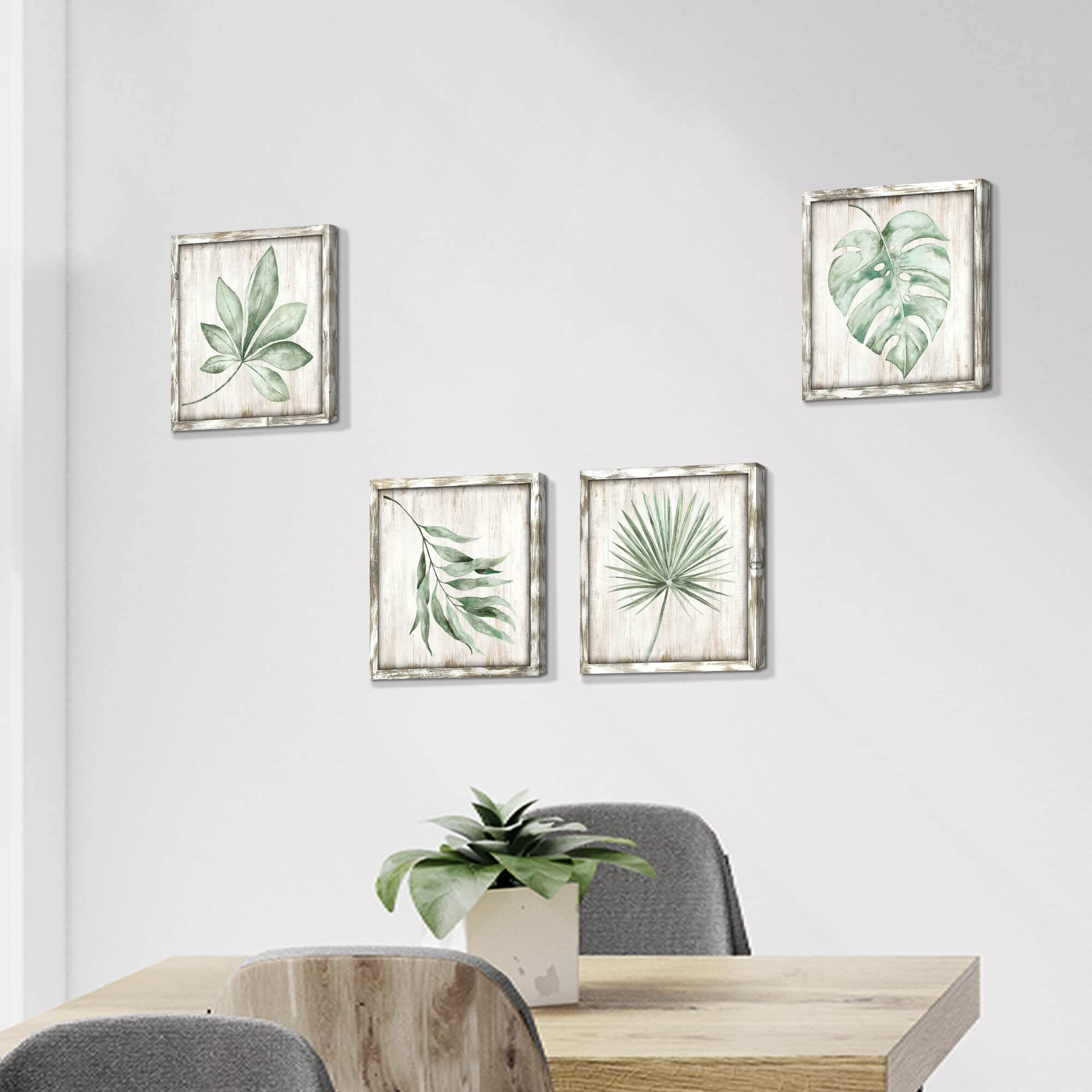 Hardy Gallery Green Leaves Prints Wall Art: Rustic Wooden Background Palm Tree Leaf Simple Life Painting For Bathroom Wall Decor