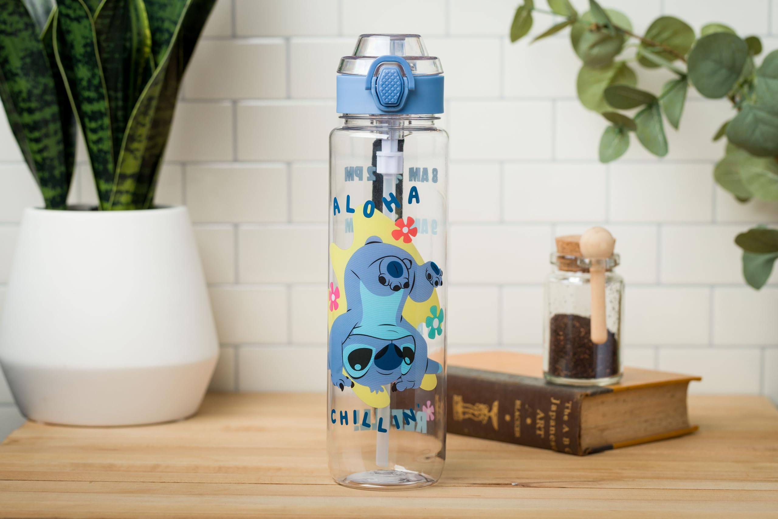Silver Buffalo Disney Lilo And Stitch Aloha Chillin' Hydration Tracker Schedule Plastic Water Bottle With Locking Lid And Strap,