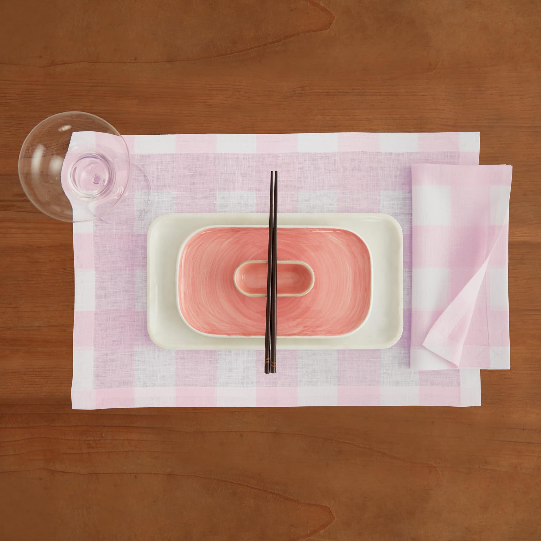 Solino Home Buffalo Check Linen Placemats 19'' L X 14'' W Inch - 100% Pure Linen Marshmellow Pink Plaid Cloth Placemats Set Of 4