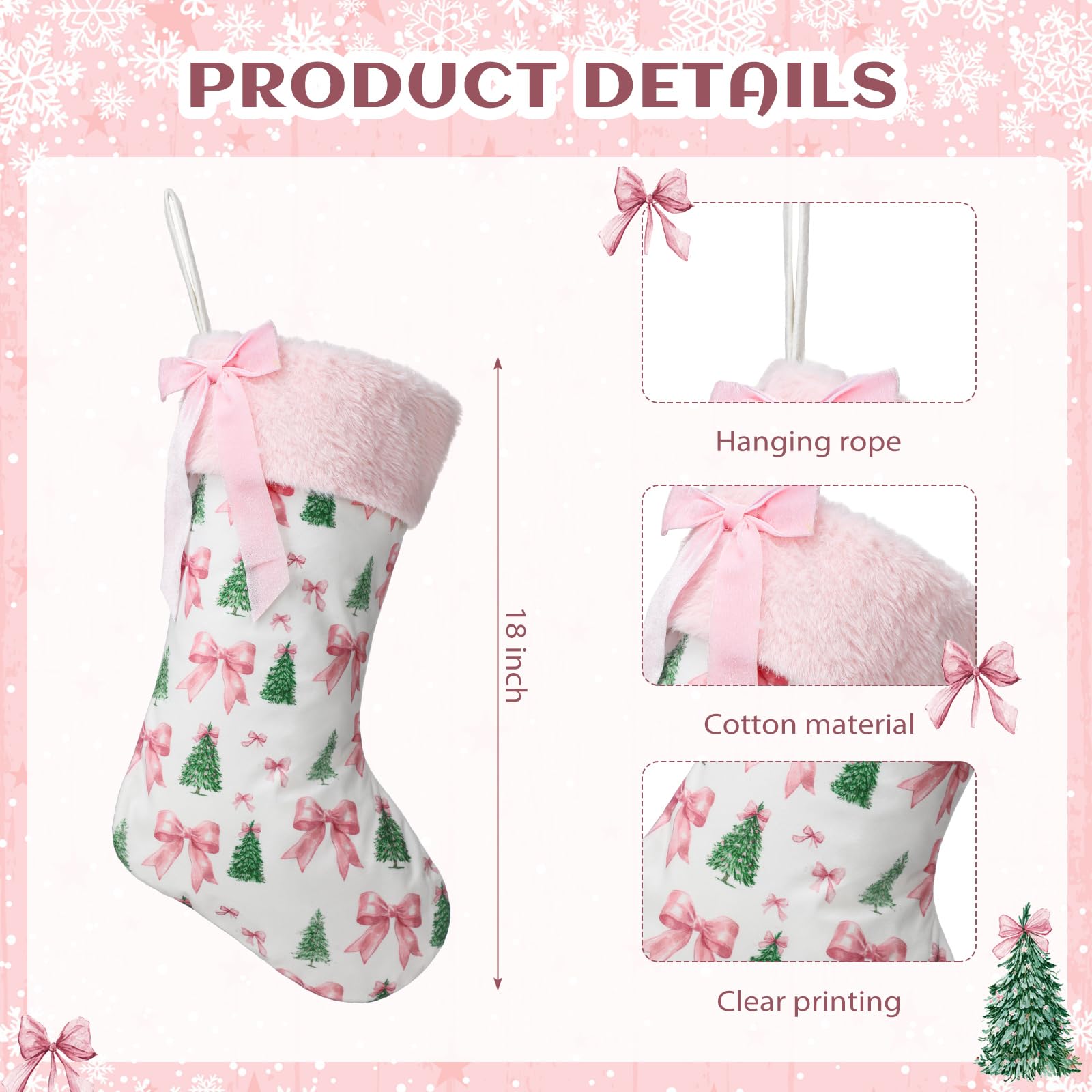 Realspring Christmas Tree Bow Pattern Xmas Stocking 18 Inches Canvas with Pink Faux Fur Babys First Xmas Stocking Gifts Firepla