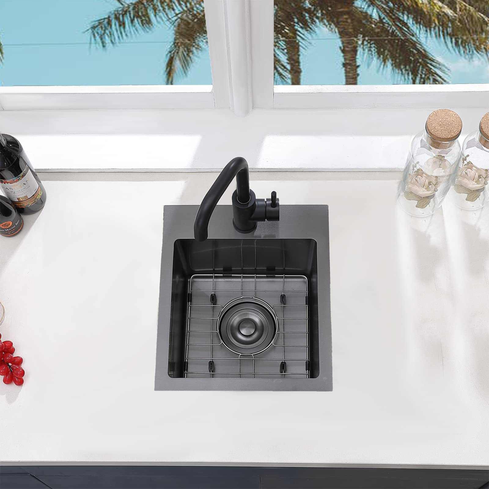 Vccucine Gunmetal Black Bar Sink Drop In, 13 X 15 Inch Topmount Rv Small Kitchen Sink, Handmade Stainless Steel Wet Bar Sink, Ou