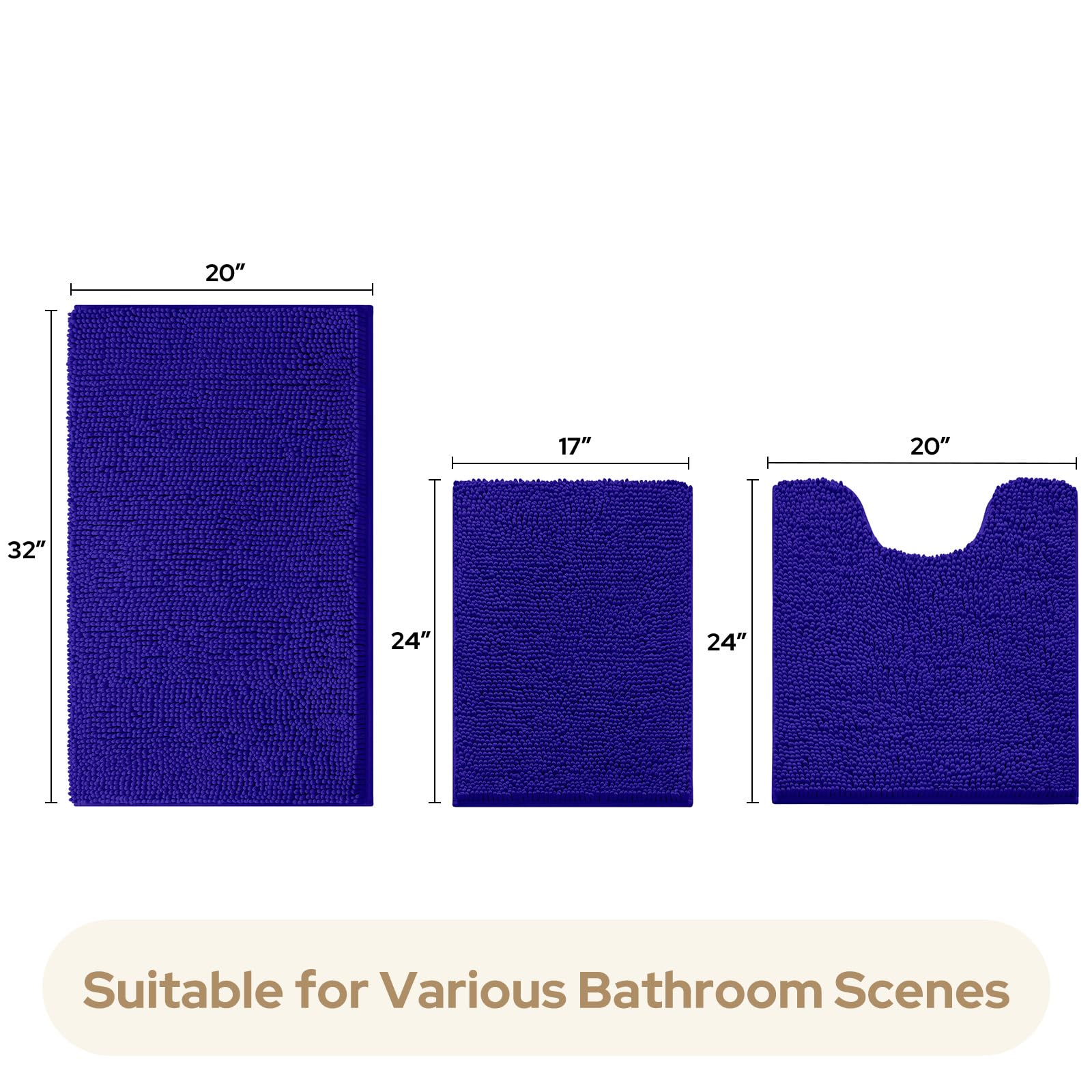 HOMEIDEAS 3 Pieces Bathroom Rugs  Ultra Soft Non Slip Absorbent Chenille Toilet Bath Mat Set (Royal Blue)