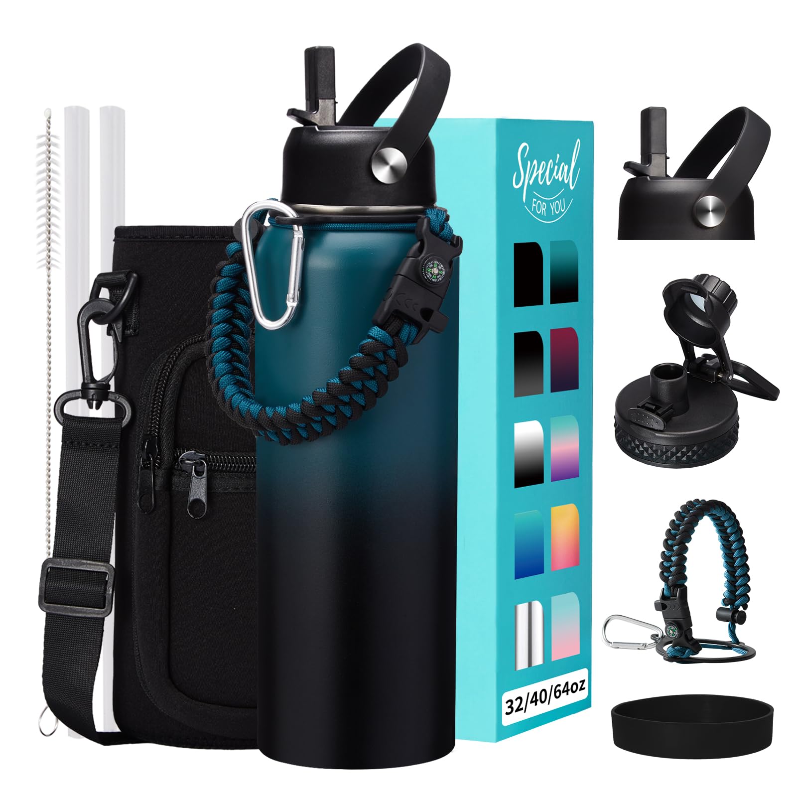 32/40/64OZ Insulated Water Bottle - Keep Cold 48H Hot 24H, Combo Straw/Spout Lids, Paracord Handle for Gym/Hiking, Carrier Bag +
