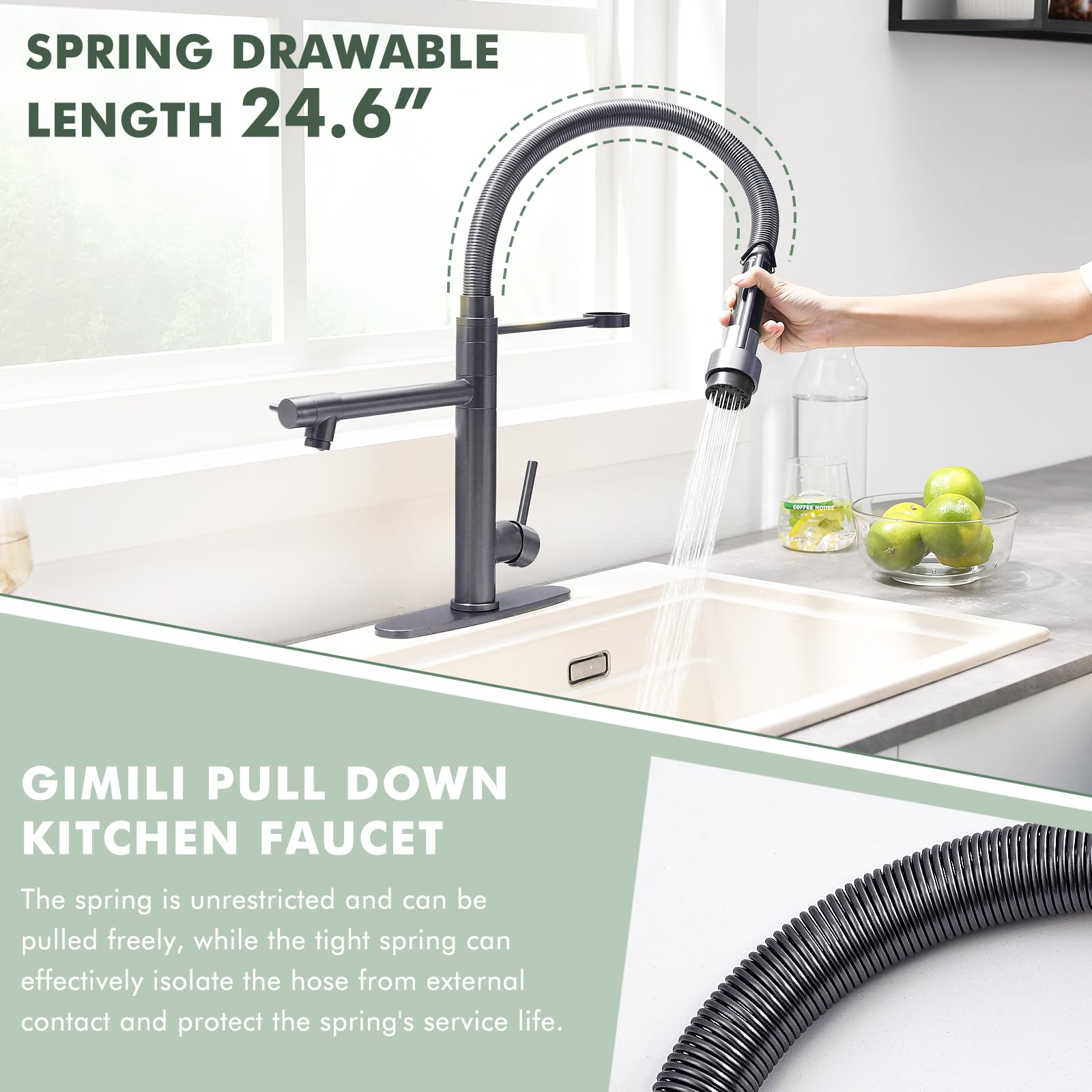 Gimili Black Stainless Commercial Kitchen Faucet With Pull Down Sprayer Double-Headed Kitchen Faucets With Deck Plate