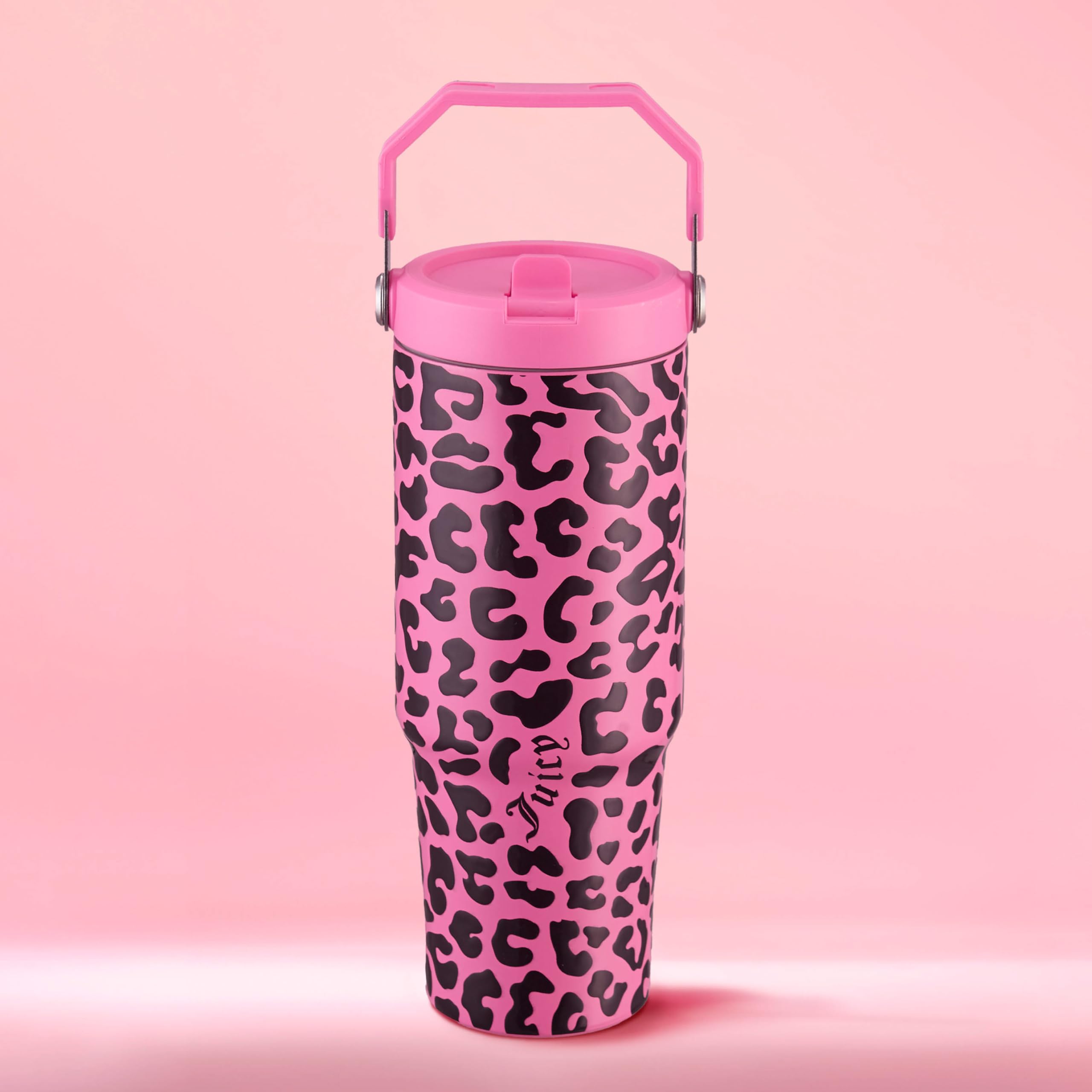 Juicy Couture Flip & Sip Insulated Tumbler with Handle and Straw, 30 oz, Hot Pink Leopard