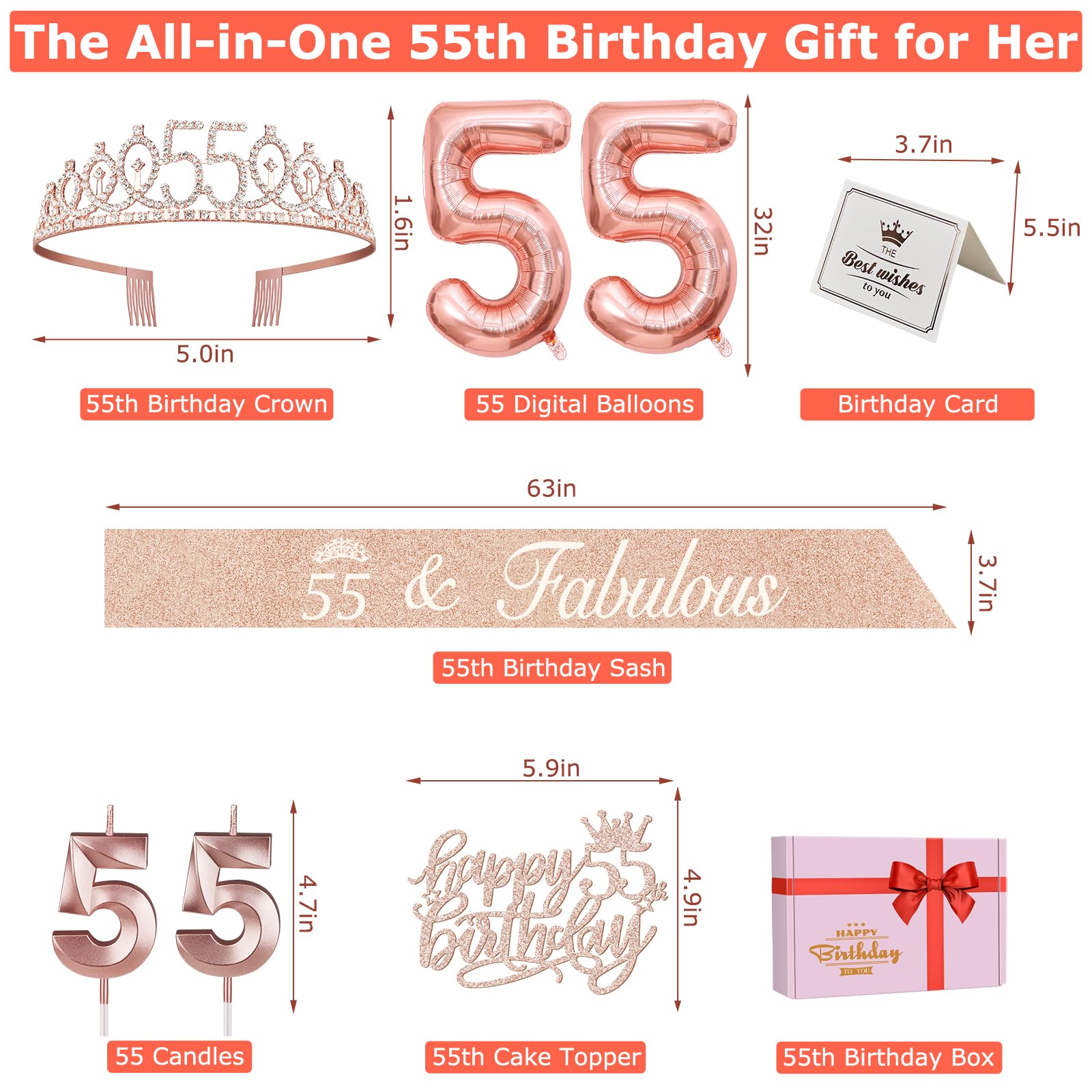55 Birthday Decorations For Women Including 55Th Birthday Sash, 55 Birthday Tiara, Birthday Candles And Cake Topper, Number 55 B