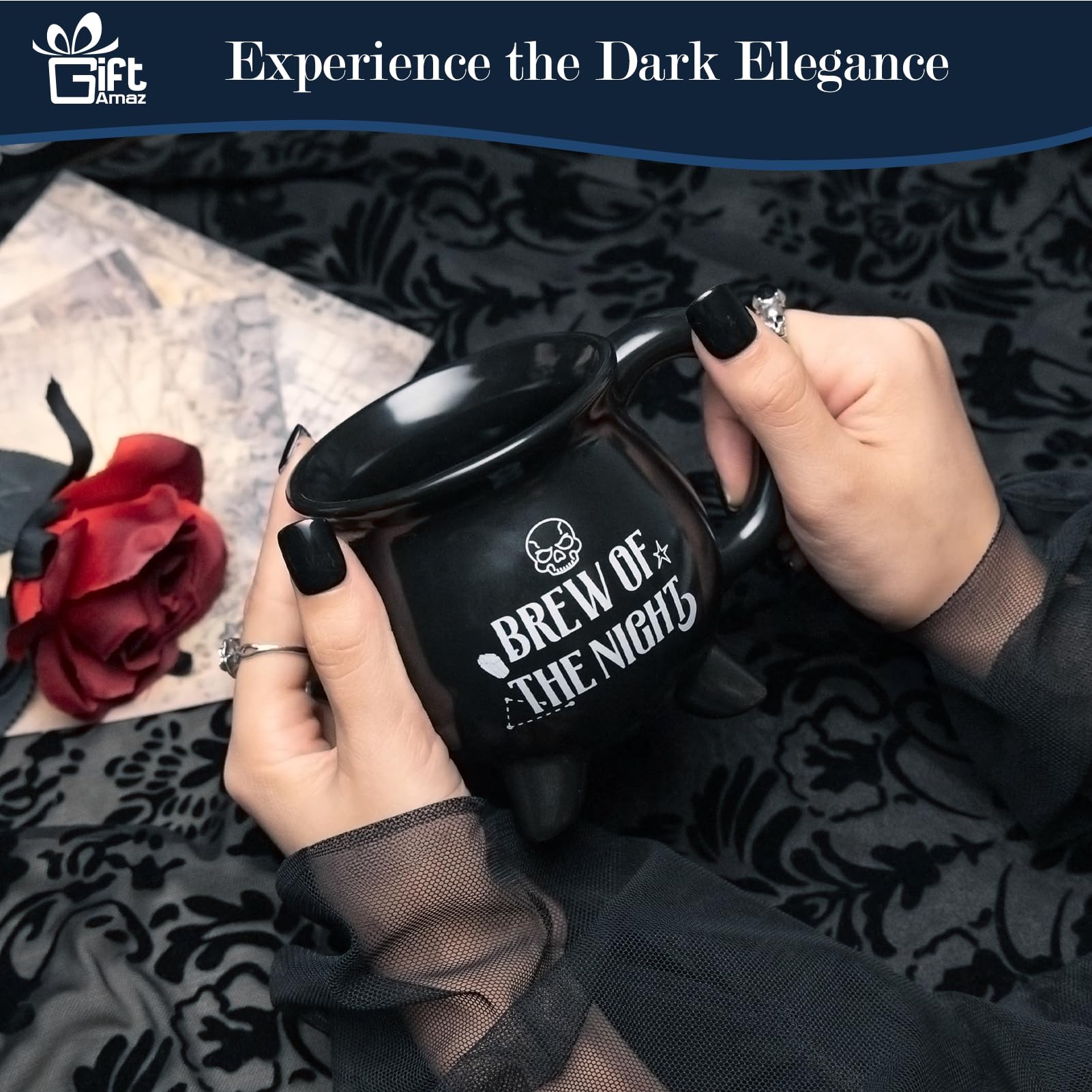 GiftAmaz Gothic Gifts for Women, Halloween Decor Goth Theme Box with Gothic Coffee Mug, Goth Skull Candle, Gothic Skull Earrings