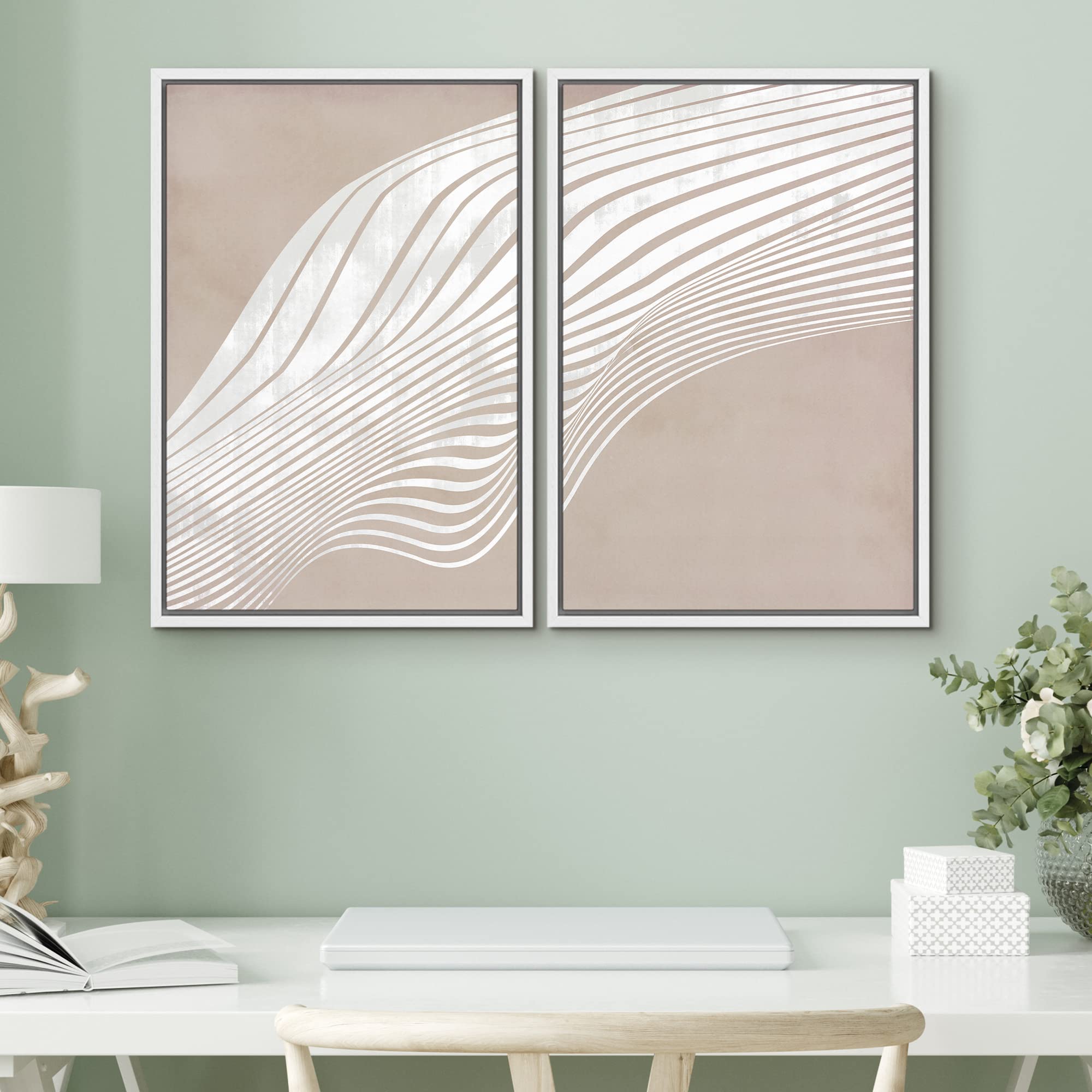 SIGNWIN Framed Canvas Print Wall Art Set White 3D Wave Collage Landscape Abstract Shapes Illustrations Minimal Decorative Nordic Zen Bohemian for Living Room  Bedroom  Office - 16''x24''x2 White