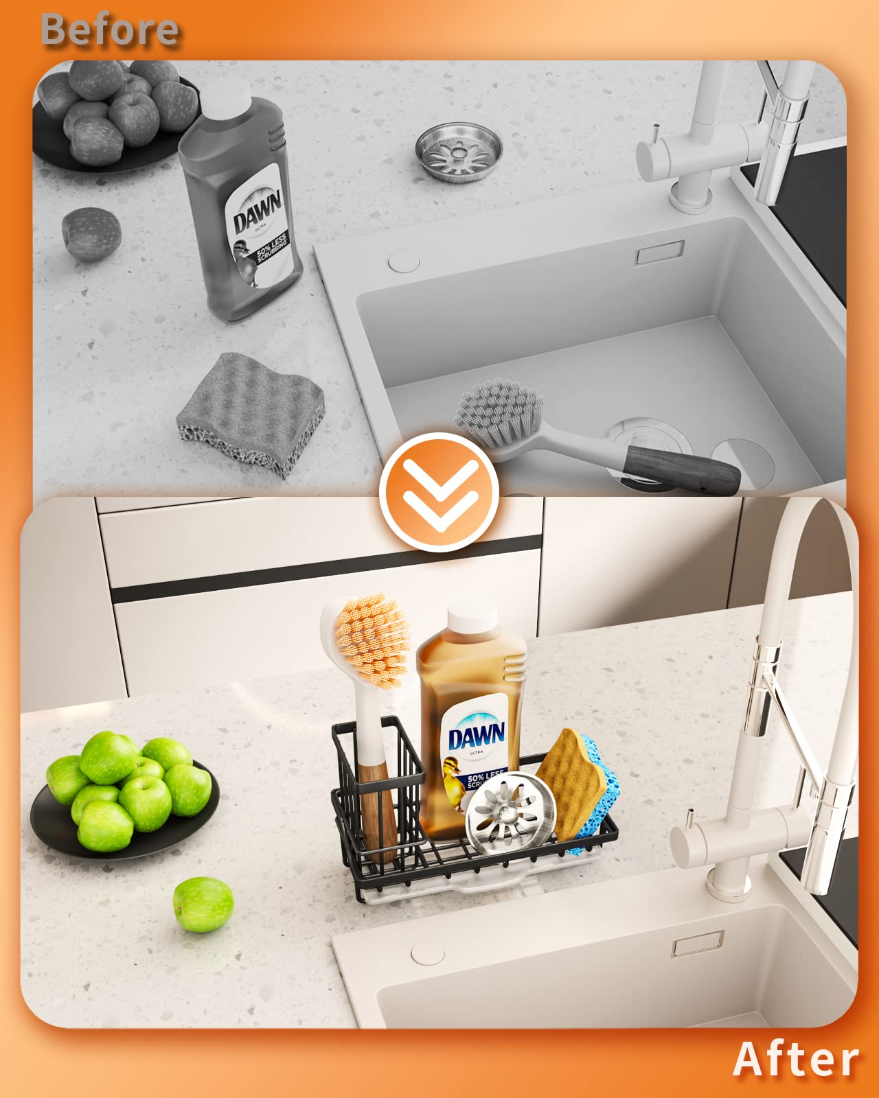 Swtymiki Sink Caddy Kitchen Sink Organizer With Detachable Brush Holder, Stainless Steel Sink Sponge Holder With Removable Drip