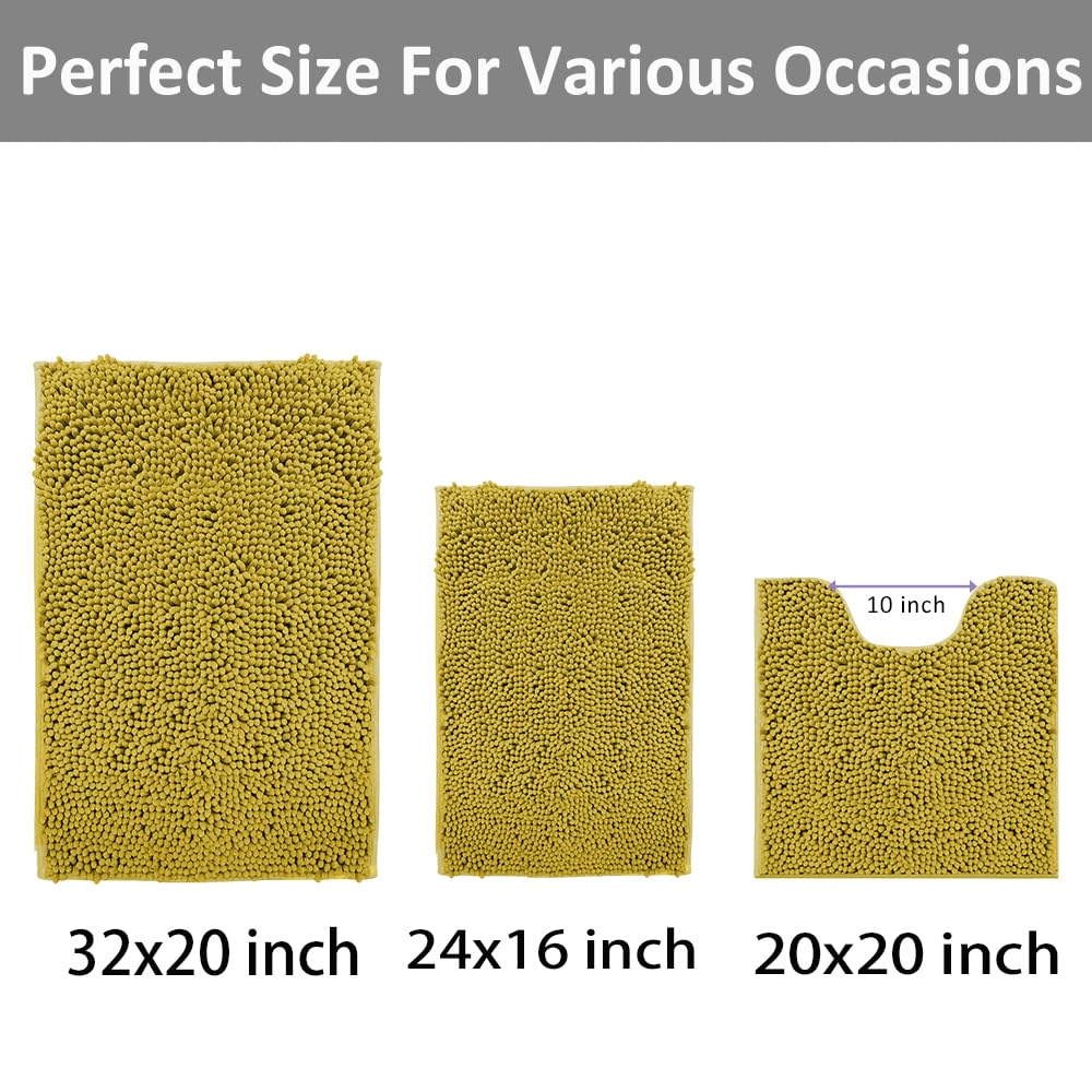 Gold Bathroom Rugs Sets 3 Piece Extra Soft Chenille Bathroom Mats Non Slip Bath Mat Set,Absorbent Shaggy Rugs Perfect Plush Bath