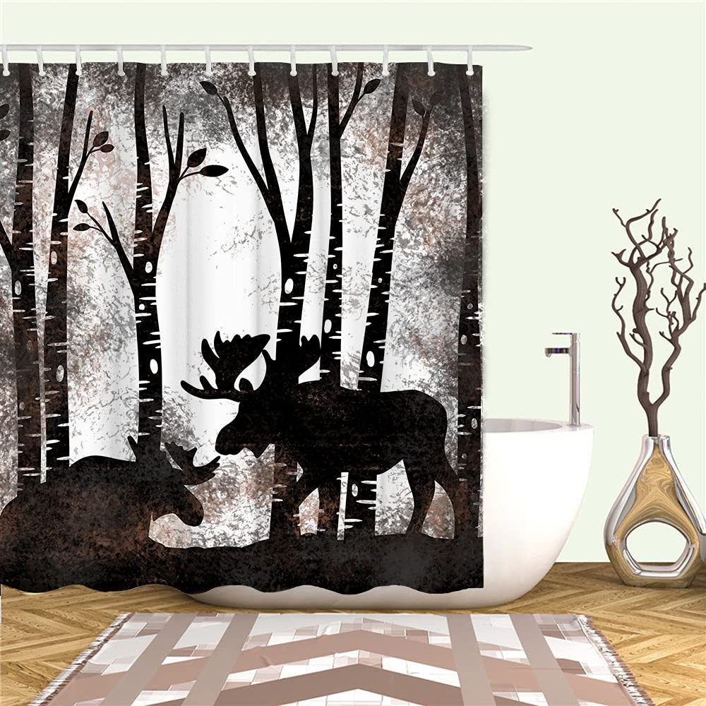 Rnnjoile Moose Shower Curtain Fabric Vintage Wild Animal In Trees Forest Silhouette Bath Curtain For Cabin Farmhouse Wildlife Ba