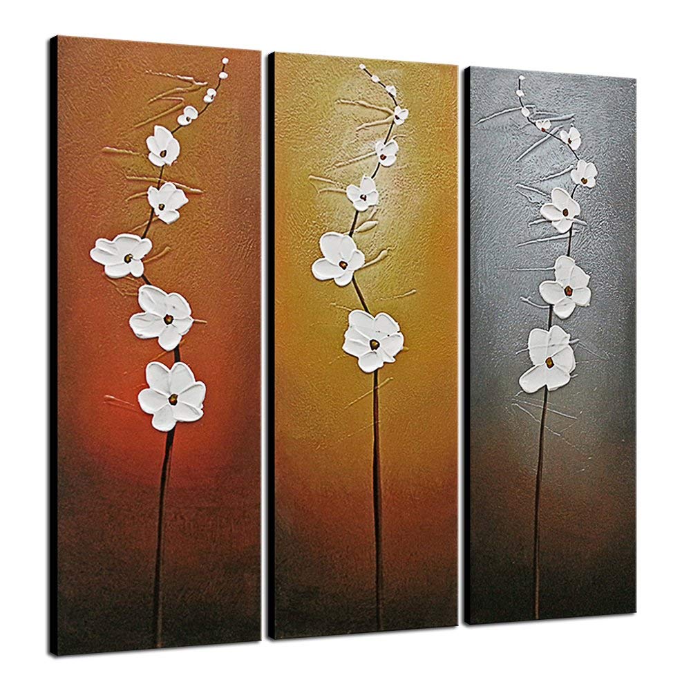 Wieco Art 3 Piece White Flowers Oil Paintings On Canvas Wall Art For Living Room Bedroom Home Decorations Modern Stretched And F