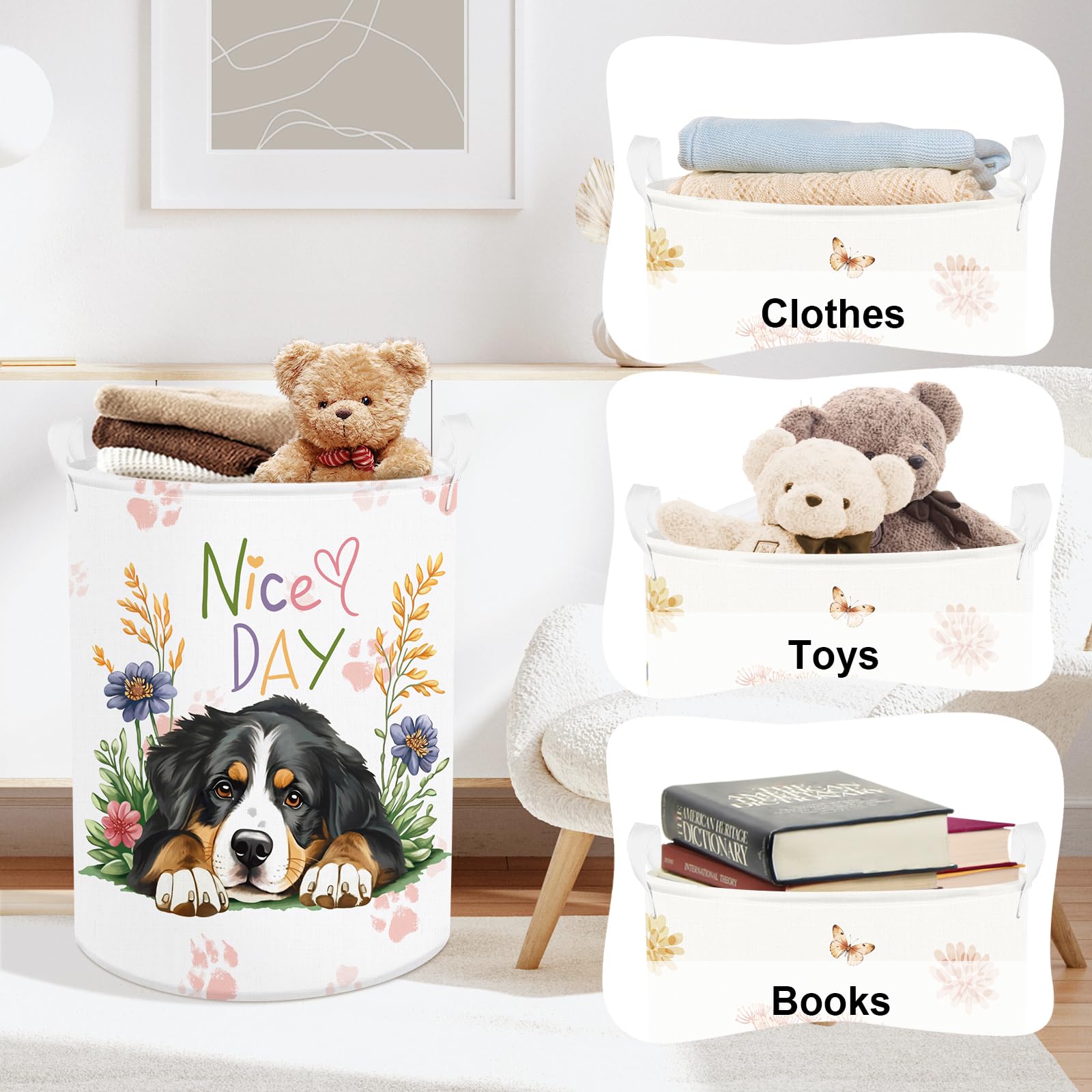 Clastyle 45L Collapsible Spring Wild Flower Plants Kid Laundry Hamper Dog Clothes Toy Storage Basket For Bedroom Bathroom Nurser