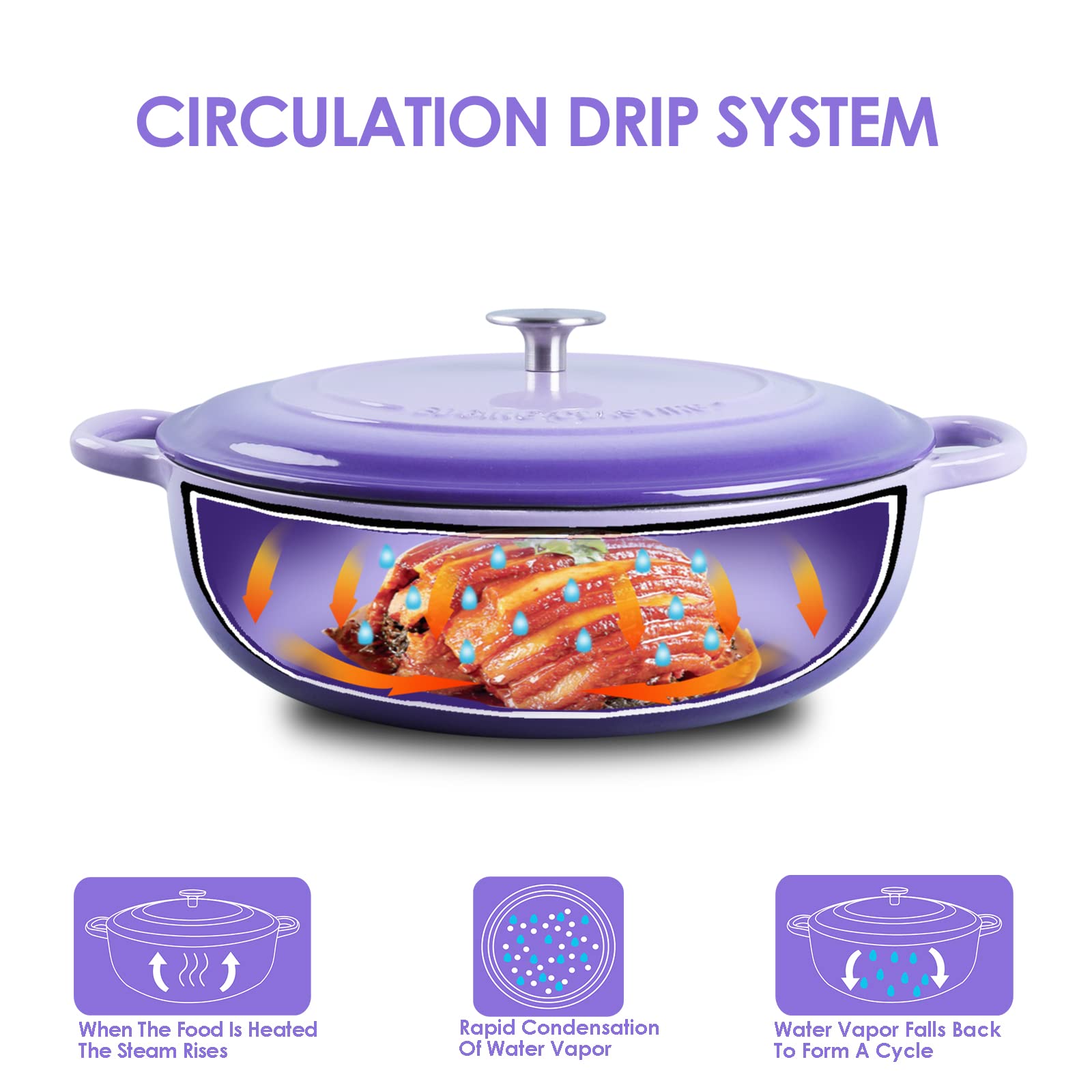 Edging Casting Enameled Cast Iron Dutch Oven Shallow Casserole Braiser With Dual Handle, 3.8-Qt, Purple