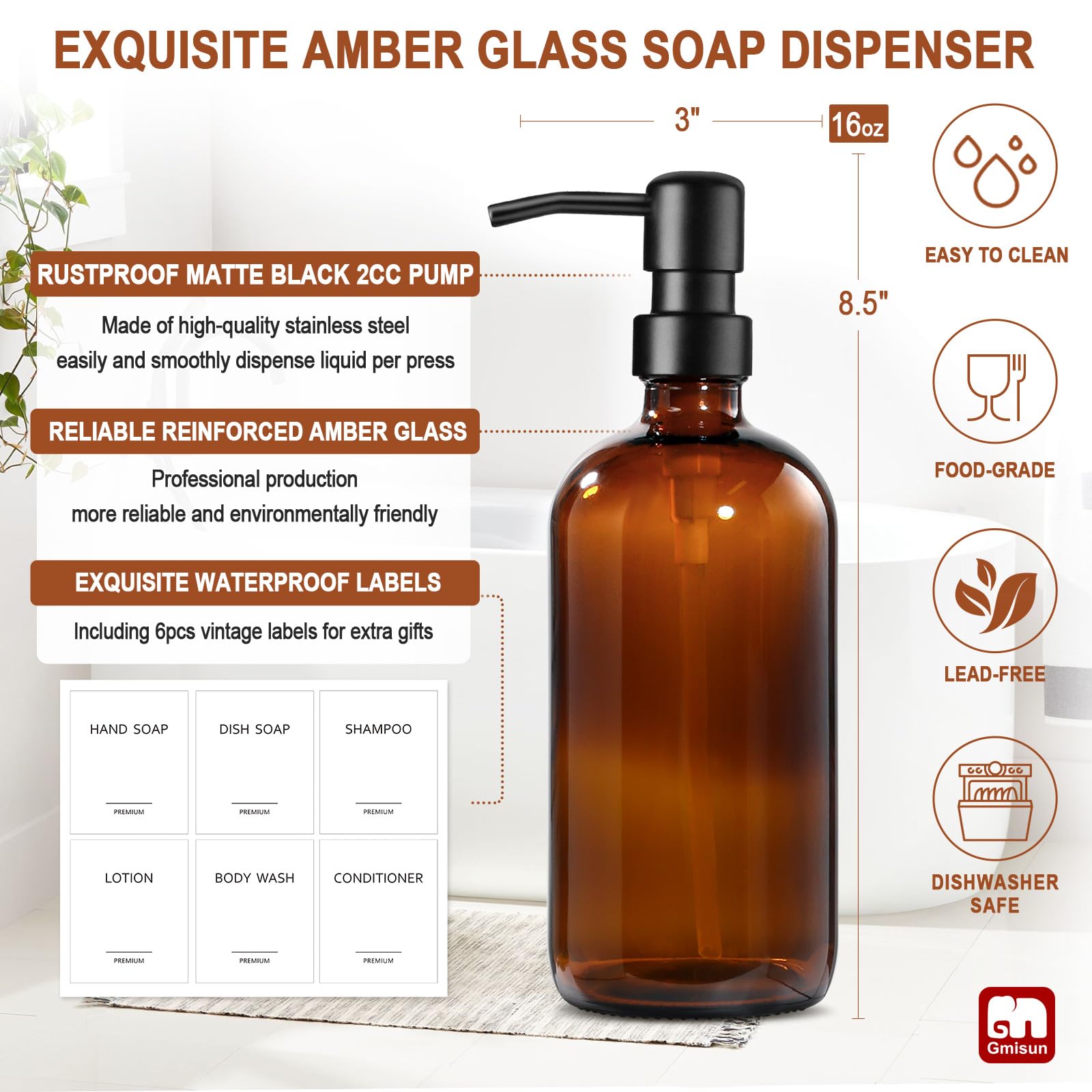 Gmisun Amber Glass Soap Dispenser, 4 Pack Bathroom Hand Soap Dispenser With Stainless Steel Pump, 16 Oz Kitchen Hand And Dish So
