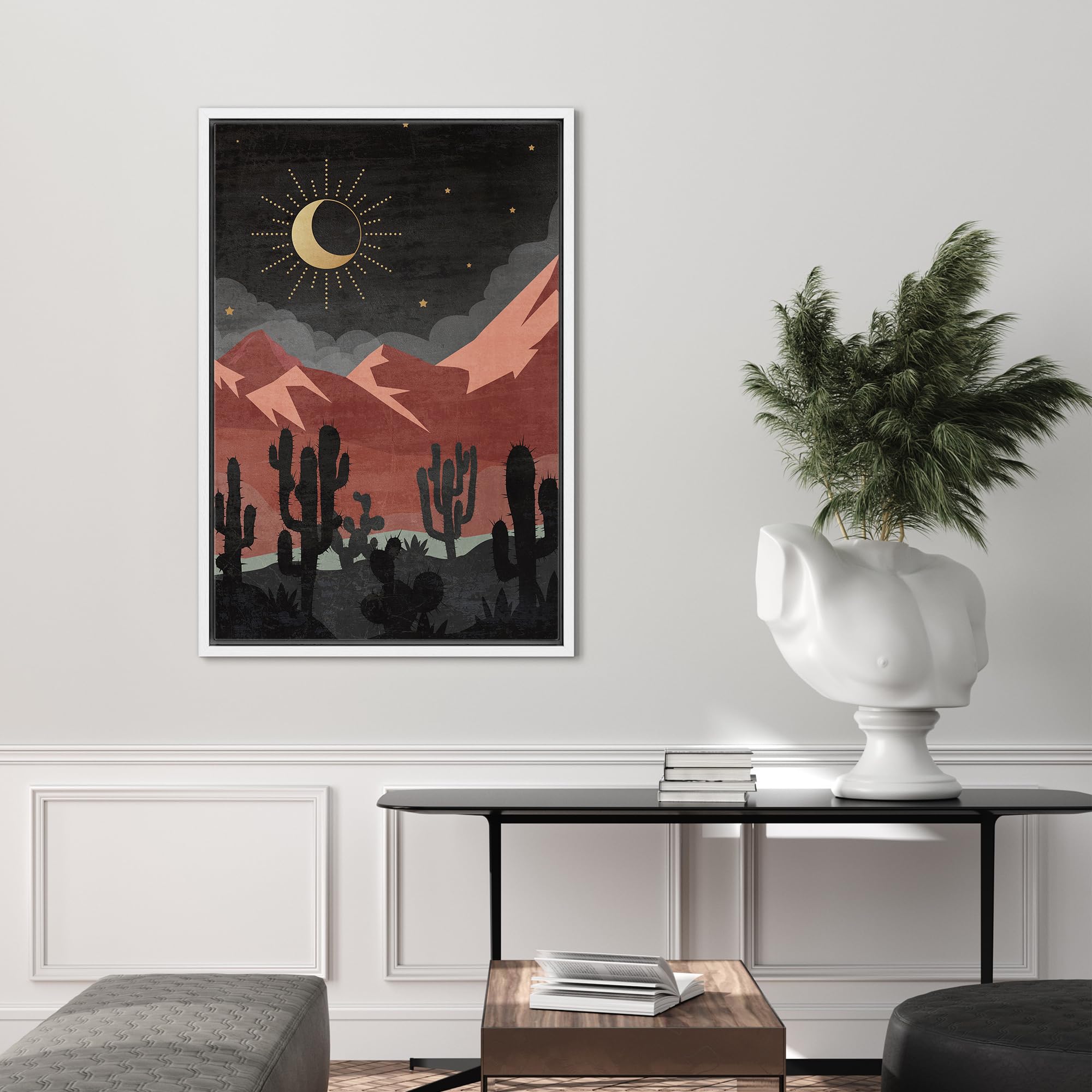 Signford Framed Canvas Print Wall Art Desert Nightscape With Crescent Moon And Cacti Silhouettes Nature Wilderness Illustrations