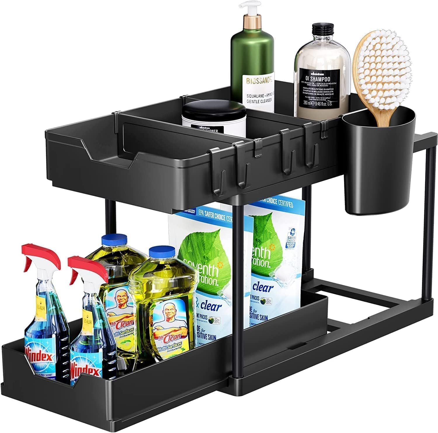 Meviths Under Sink Organizer, 2 Tier Bathroom Cabinet Organizer With Sliding Basket, MultiPurpose Storage Shelf With 4 Hooks Fo