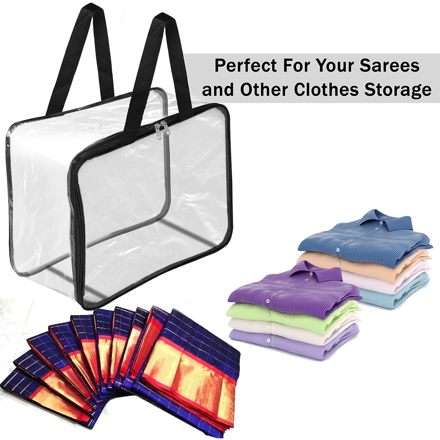 Hollio Transparent Pvc Storage Bag For Saree Covers With Zip,Clothes, Lehenga, Blankets, Bedsheets, Toys, Docs | Wardrobe Organi