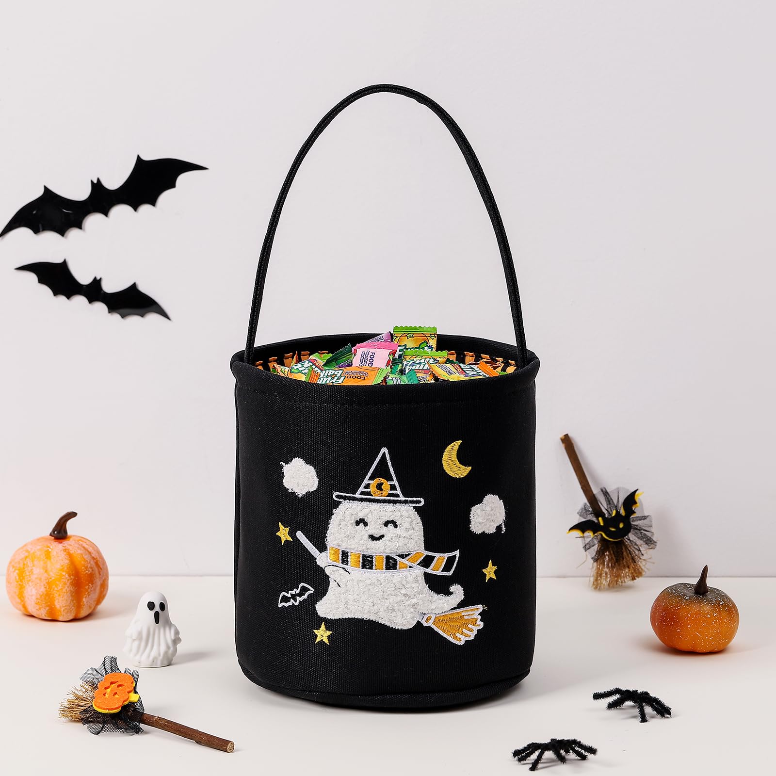Halloween Basket Broom Ghost Trick or Treat Bucket for Kids, Halloween Candy Bucket 7.9X15 Spooky Candy Tote Bag for Girl Boy Tr