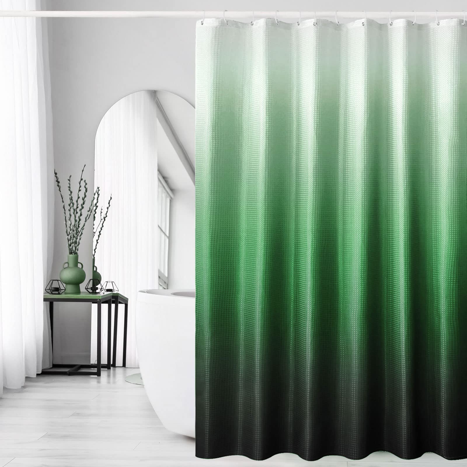 Gibelle Emerald Green Shower Curtain, Ombre Shower Curtains For Bathroom, Waffle Weave Textured Fabric Shower Curtain Set With H