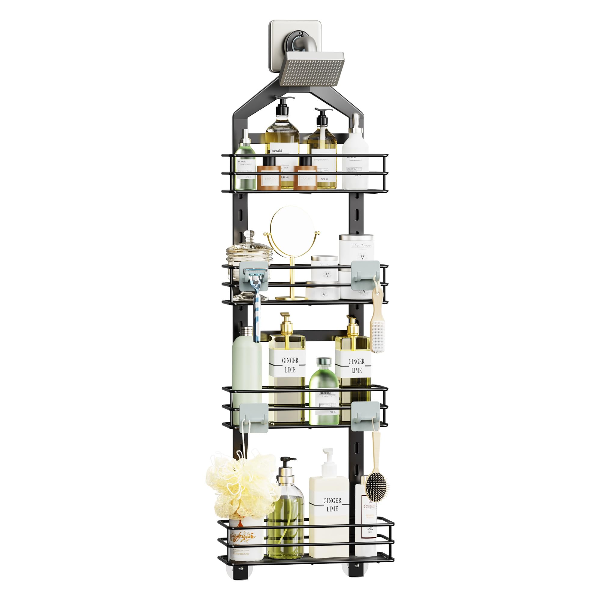 Orimade Adjustable Anti-Slip Hanging Shower Caddy Over Shower Head,Rustproof Bathroom Hanging Shower Organizer With 4 Hooks For