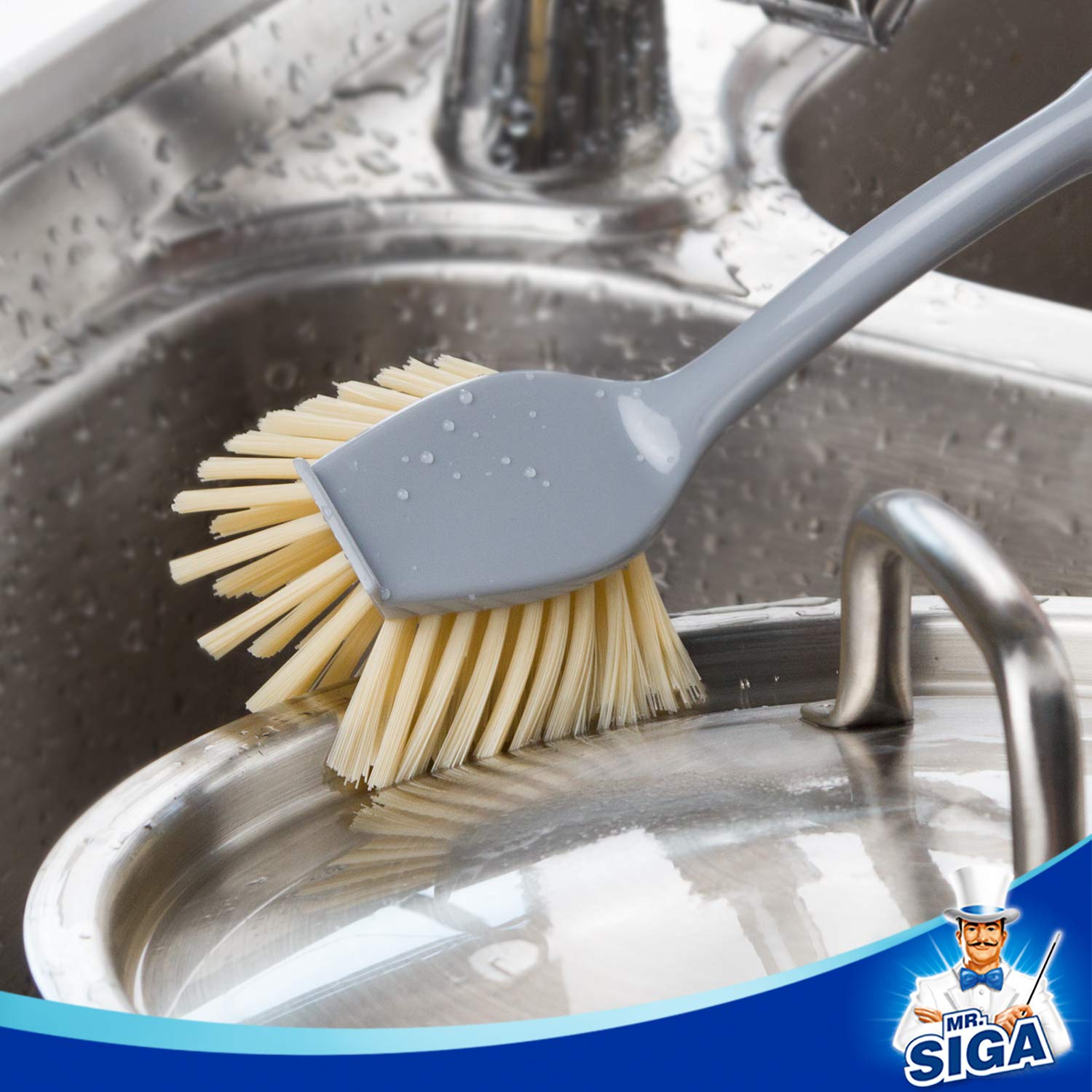 Mr.Siga Dish Brush With Long Bamboo Handle Built-In Scraper, Scrub Brush For Pans, Pots, Kitchen Sink Cleaning, Pack Of 2