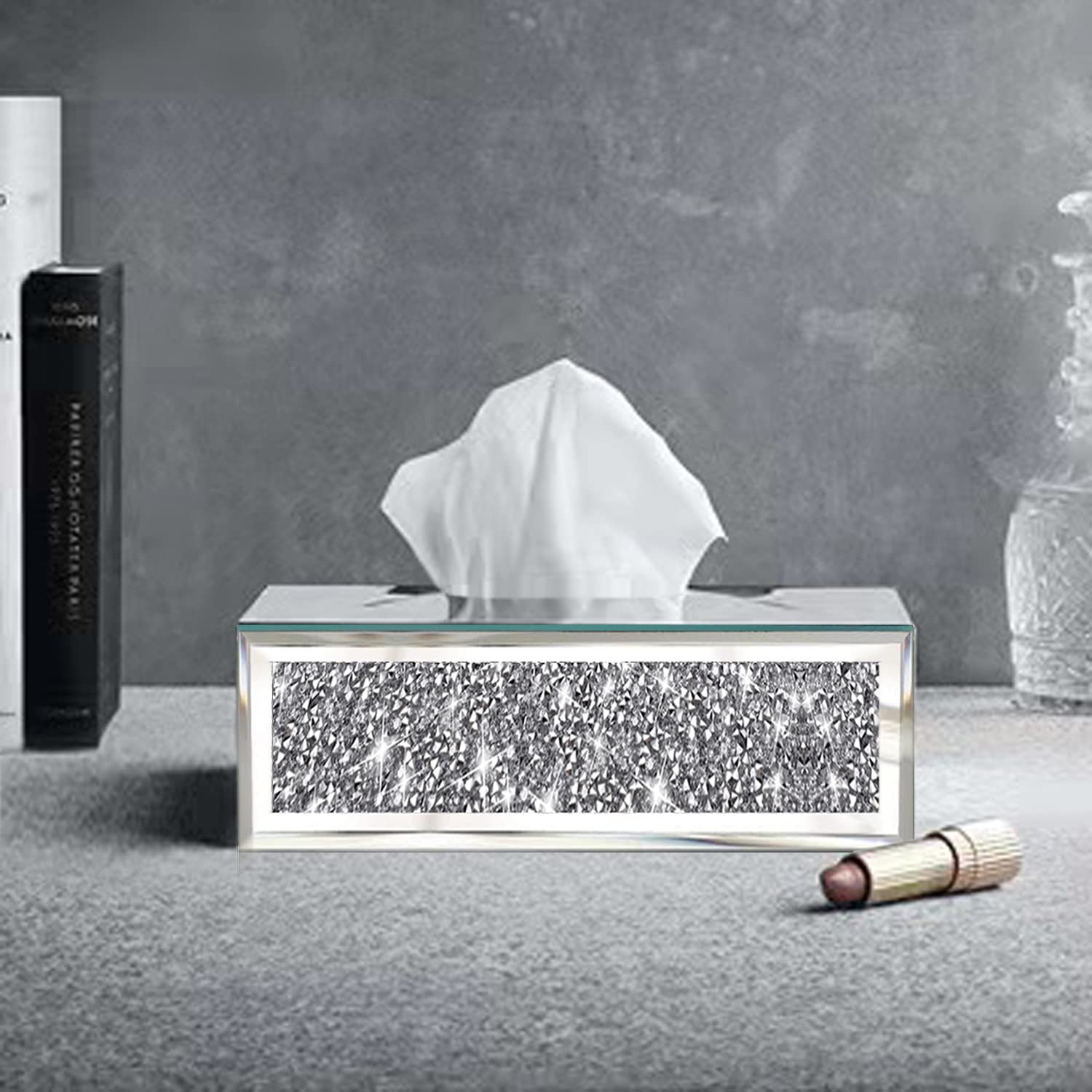 Wocred Rectangular Mirrored Tissue Box Cover,Crystal Crushed Diamond Tissue Box,Silver Luxury Tissue Holders For Either Tissues