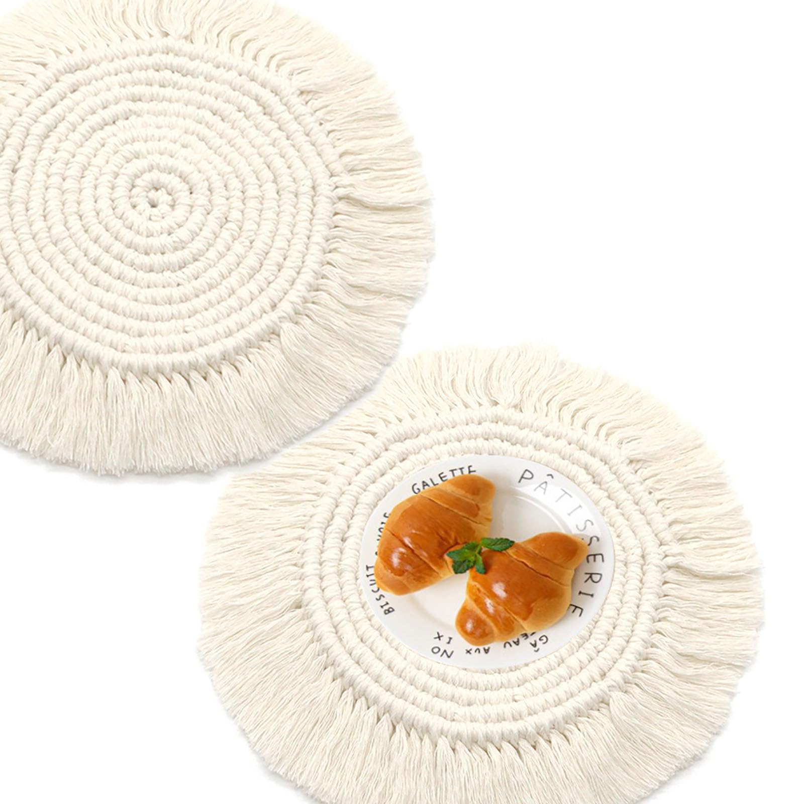 2 Pcs Pot Holder Macrame Handmade Cotton Woven Boho Placemats Tassels Table Mats Coaster Hot Dishes Round Braided Placemats For