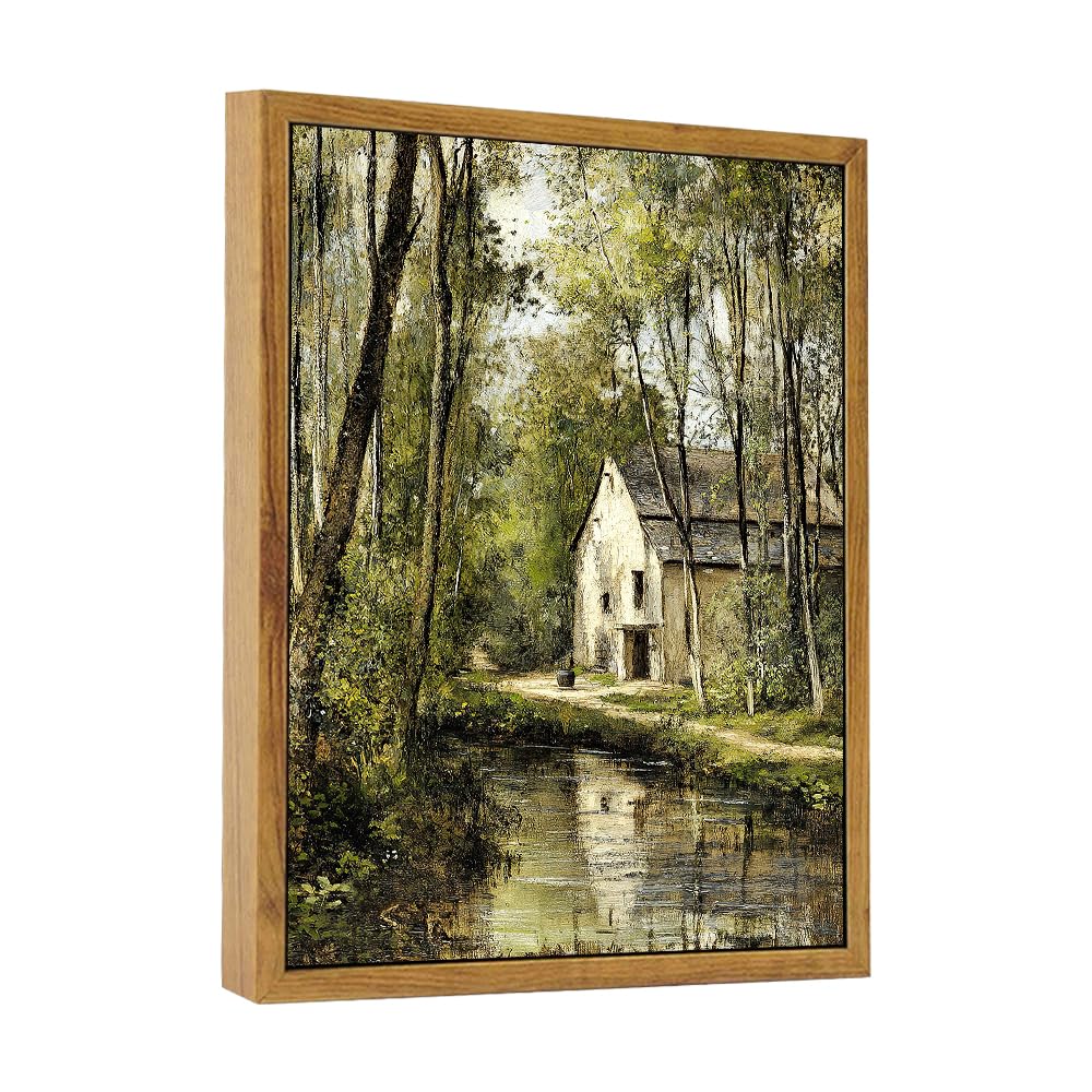 ARTZIO Farmhouse Wall Art 8x10 Inches Framed, Vintage Landscape Oil Painting - Woodland Forest Canvas Print, Rustic Botanical De