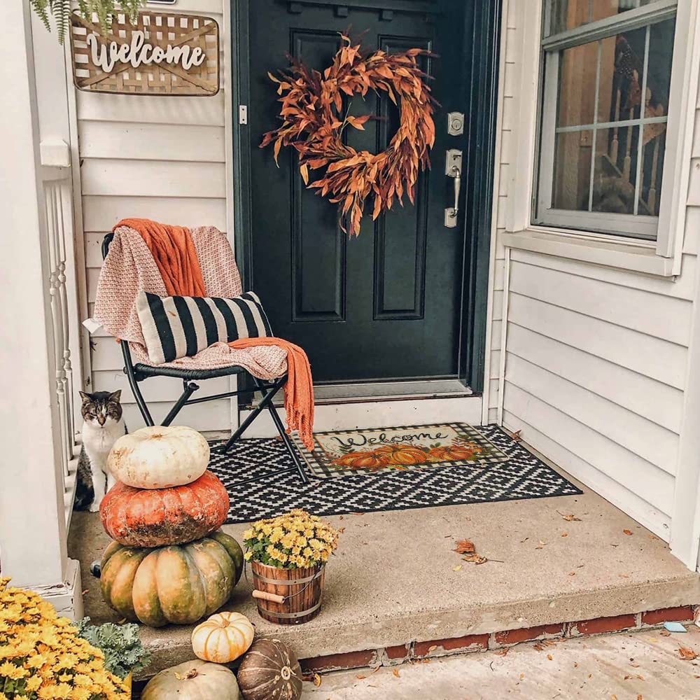 GEEORY Fall Kitchen Mats Set of 2, Striped Pumpkins Bowknot Floor Mat Farmhouse Seasonal Holiday Thanksgiving Decorations 17x29