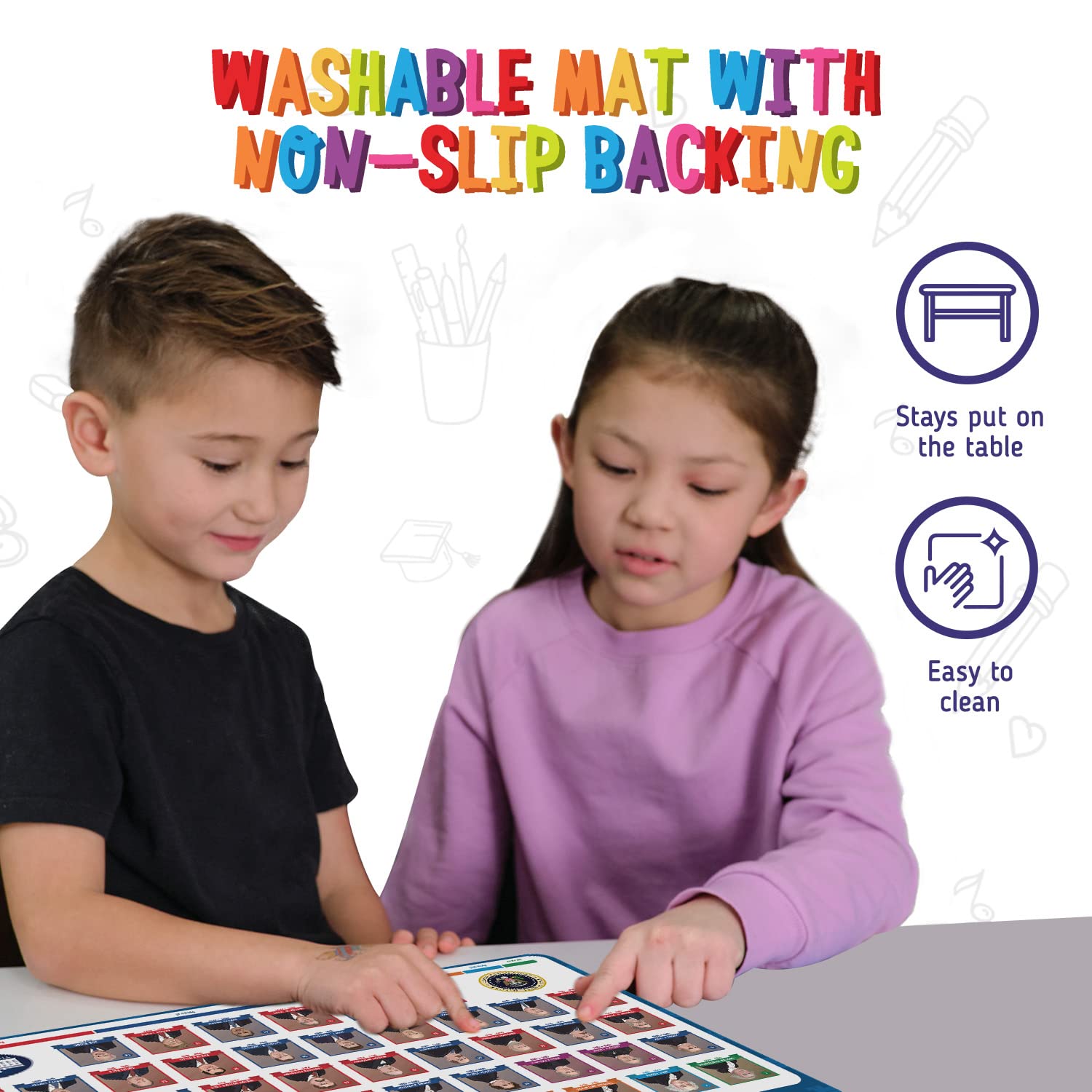 Merka Kids Table Placemats Set Of 4 Kids Placemats For Dining Tables Us Map Us Presidents Famous People, And Periodic Table Of E