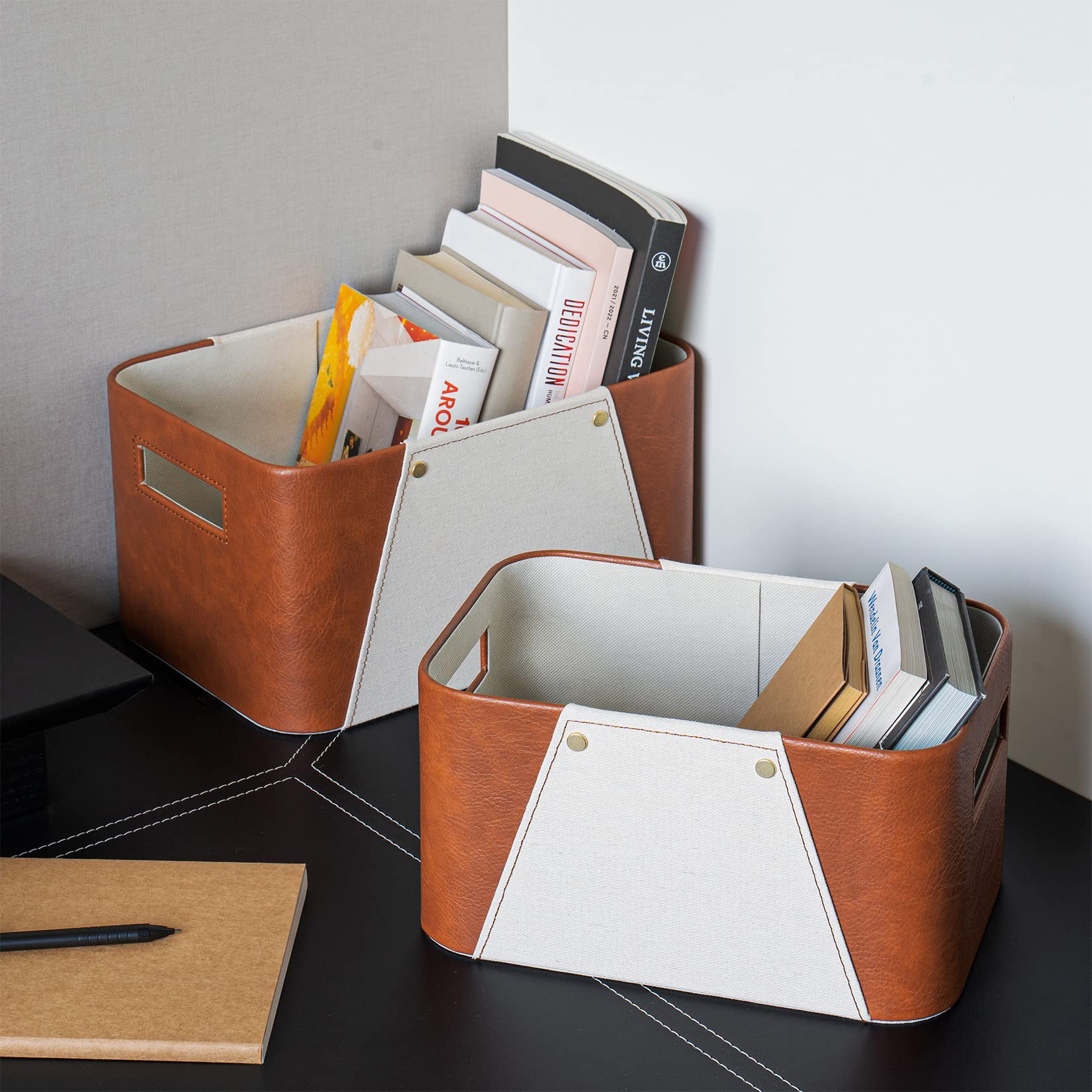 La Jolie Muse Storage Baskets For Organizing, 2 Pack, Storage Cube Boxes Luxury Brown Vegan Leather And Beige Greige Fabric For