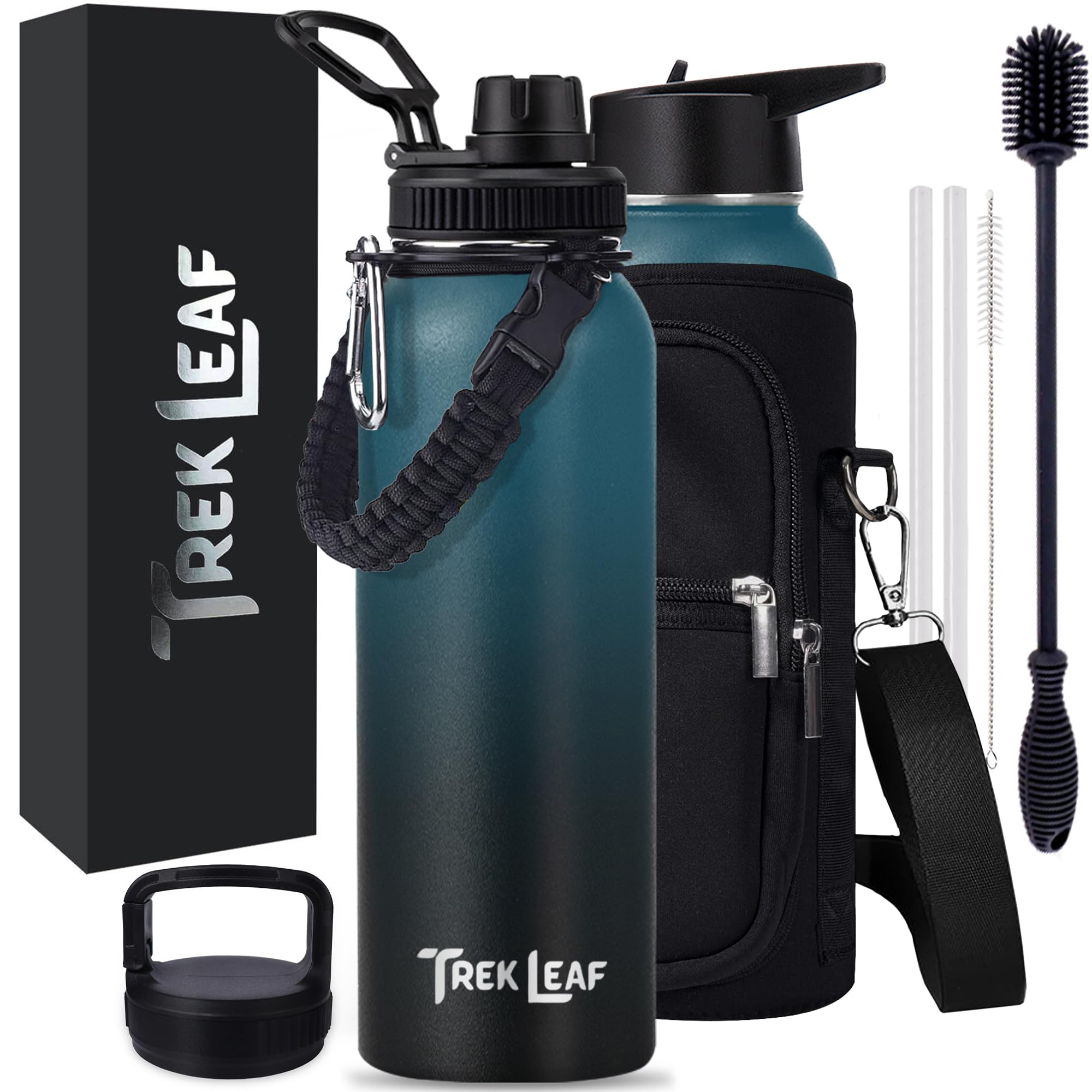 Trek Leaf Travel Water Bottle with Carrying Bag, 3 Lids (Spout, Straw, Handle), and Bottle Brush; Leak Proof, Quality, Vacuum In