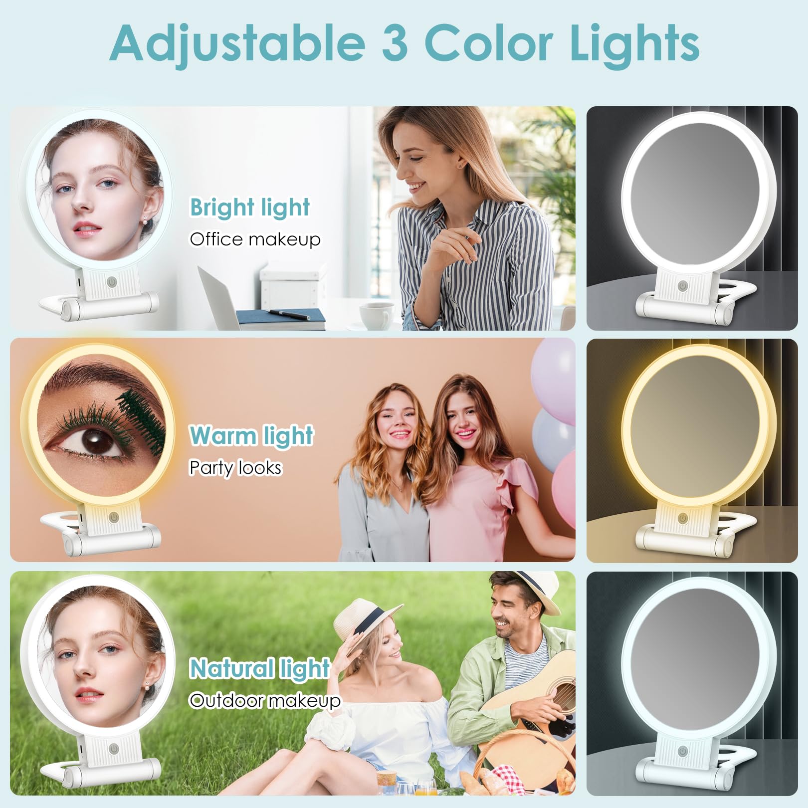 Lukymiro 1X 10X Lighted Makeup Mirror, Rechargeable 8'' Vanity Magnifying Mirror With Lights 3 Color Setting, 2 Sided Led Vanity