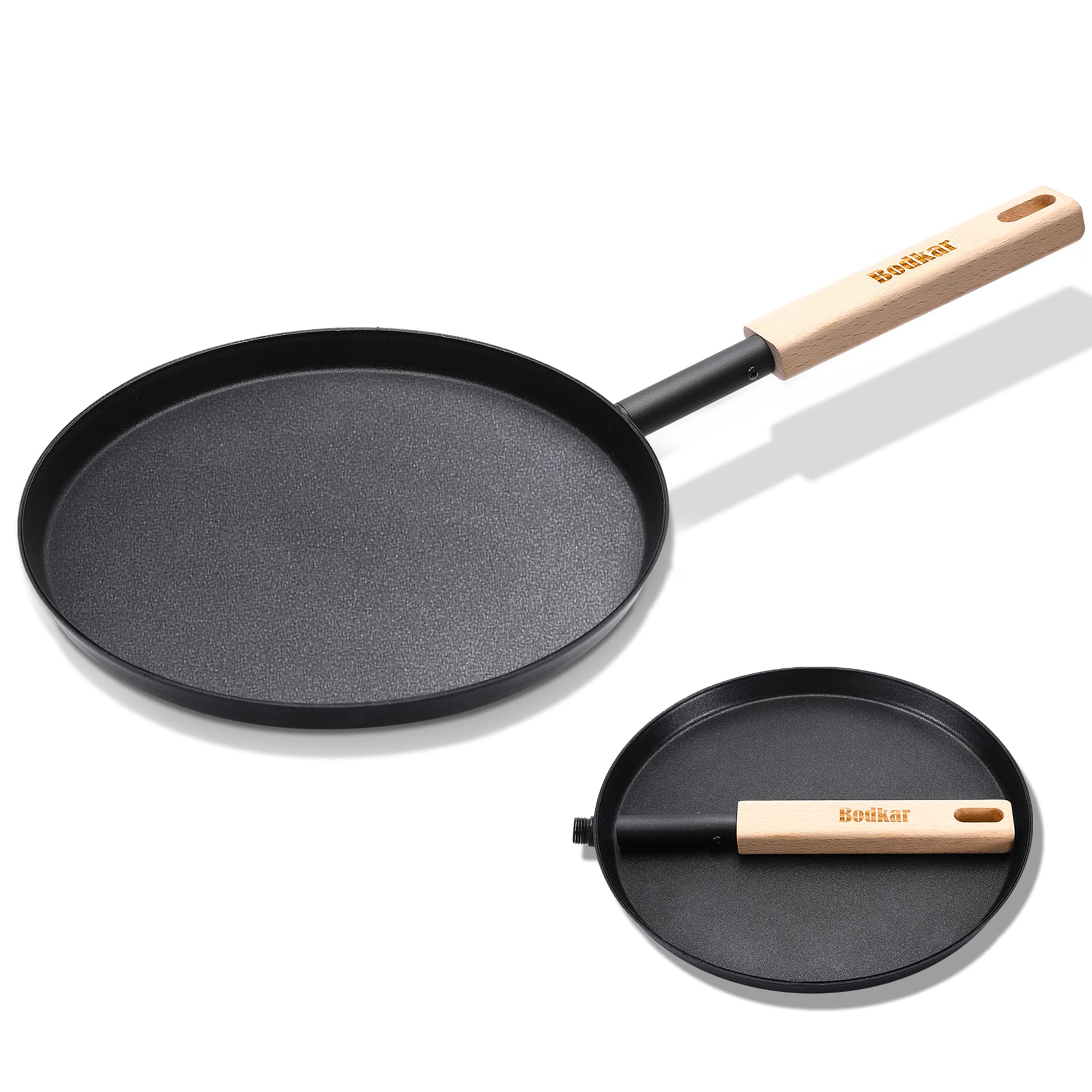 Bodkar Frying Pan Skillet 8-Inch Flat Crepe Pan, Lightweight Grill Pan With Wooden Handle For Camping Indoor Outdoor Cooking