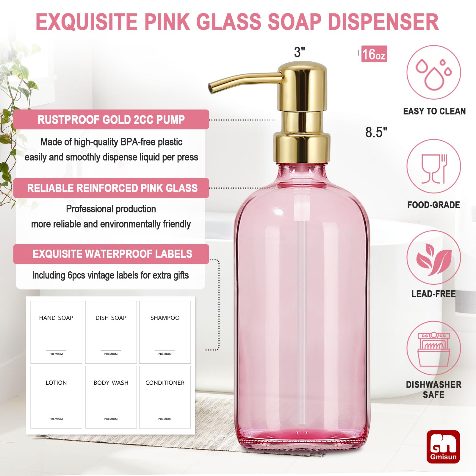 Gmisun Pink Soap Dispenser Bathroom, 2 Pack Kitchen Hand And Dish Soap Dispenser Set, 16 Oz Pink Glass Soap Dispenser With Gold
