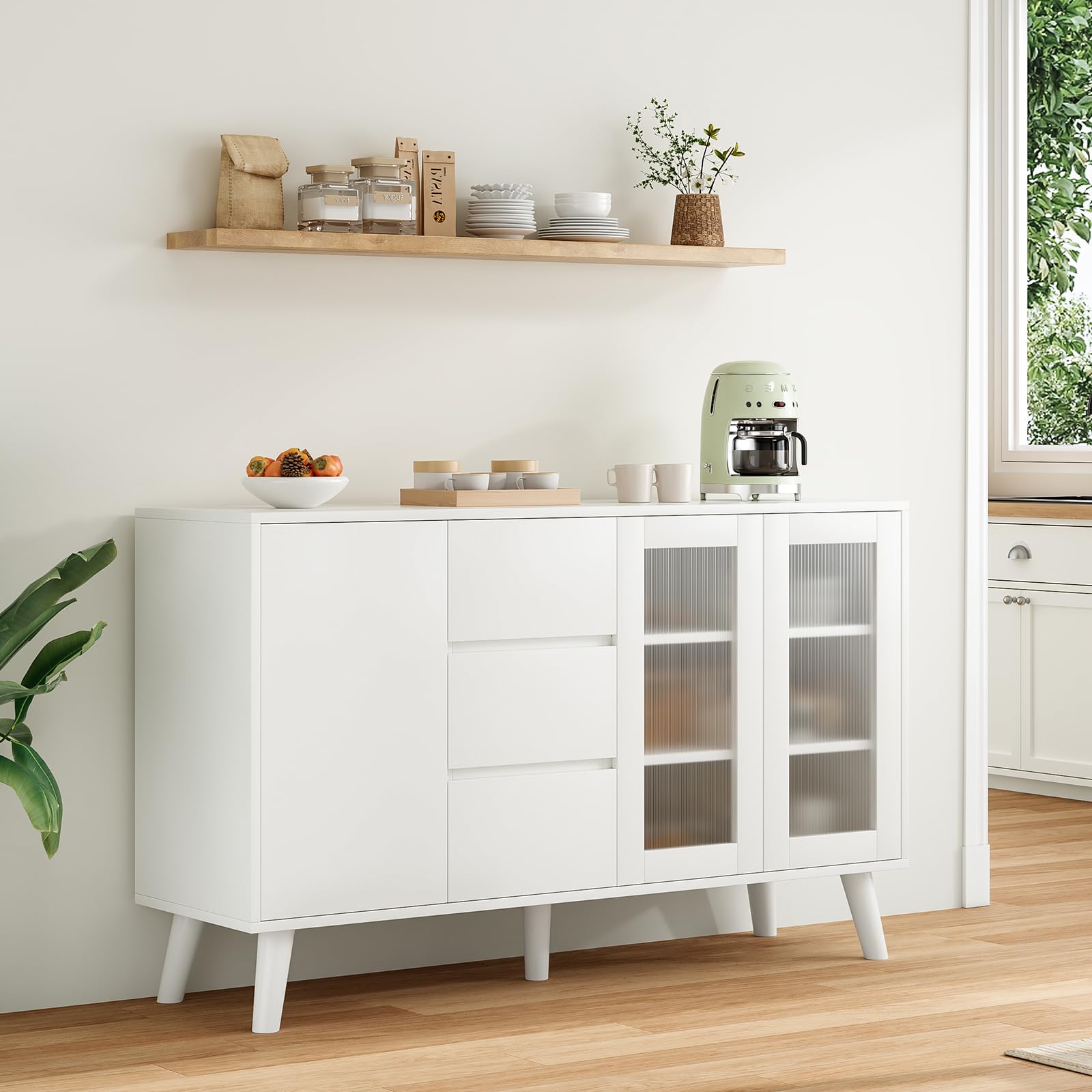 Soohow Farmhouse Buffet Cabinet, 55.5 Coffee Bar with 3 Drawers and Pop-Up Doors, Large Rustic Sideboard for Dining Room, Kitche